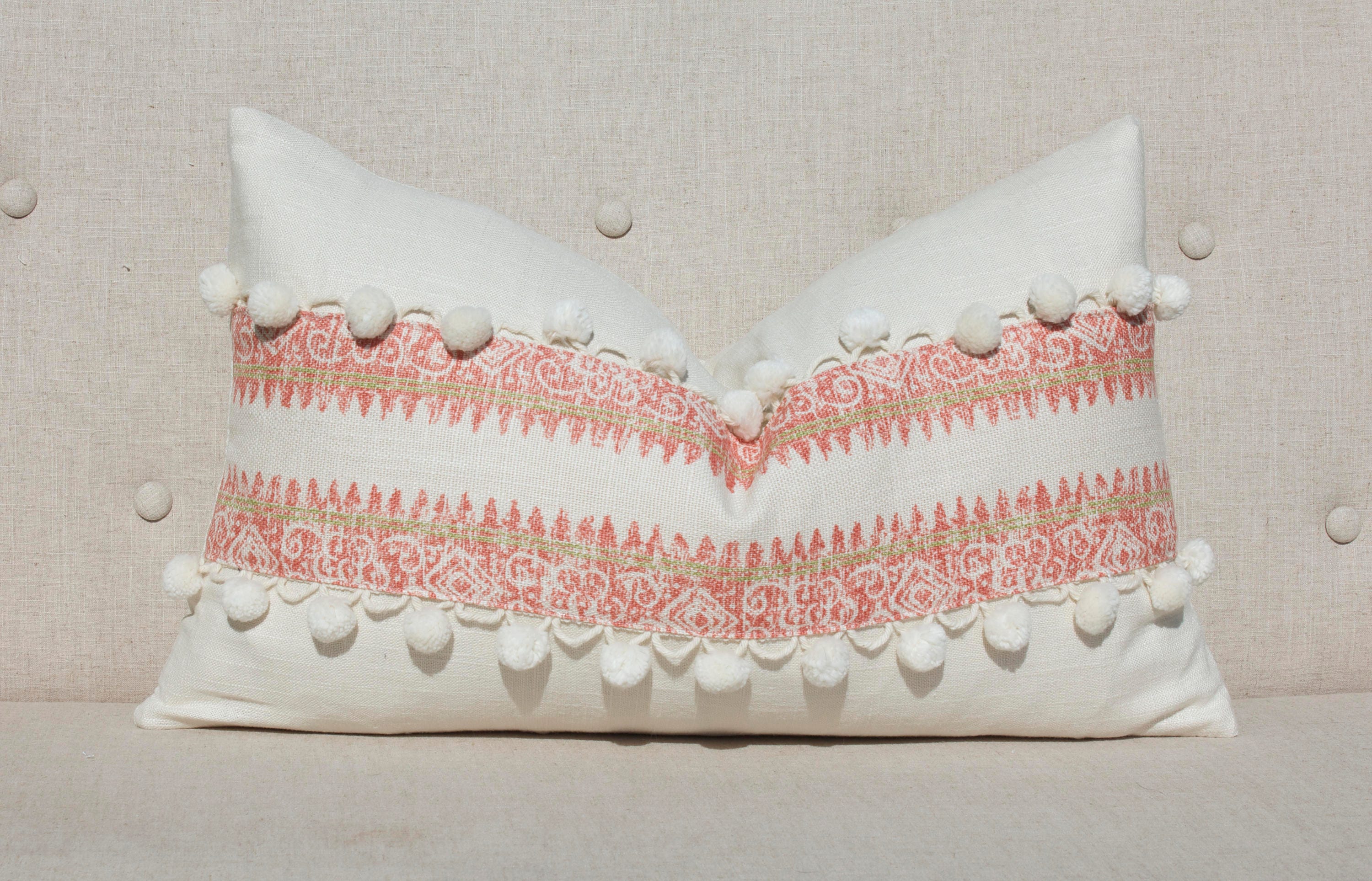 Boho Striped Pillow Cover in Coral and Lime Green embellished with Cream Ball Fringe.