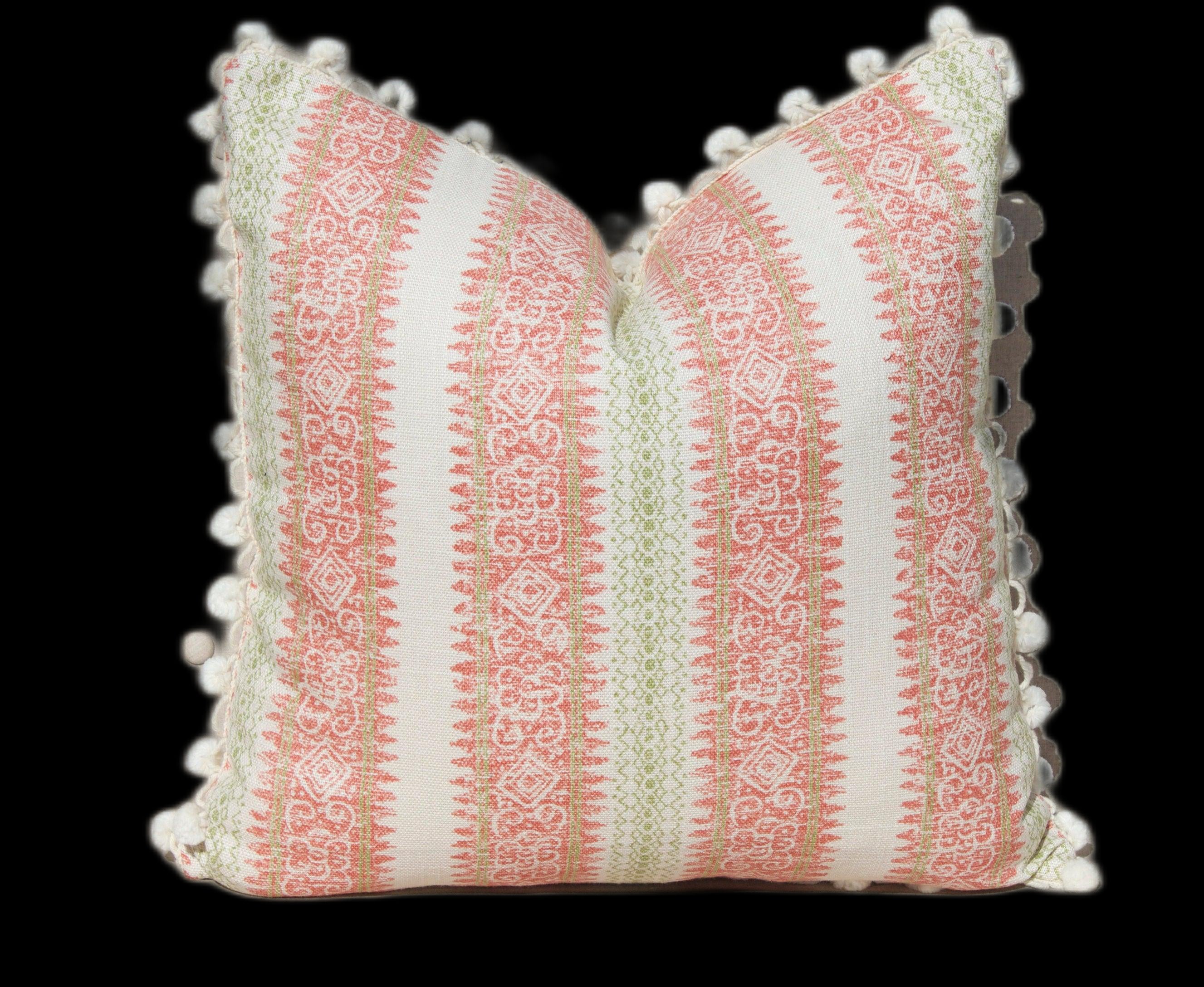 Boho Striped Pillow Cover in Coral and Lime Green embellished with Cream Ball Fringe.
