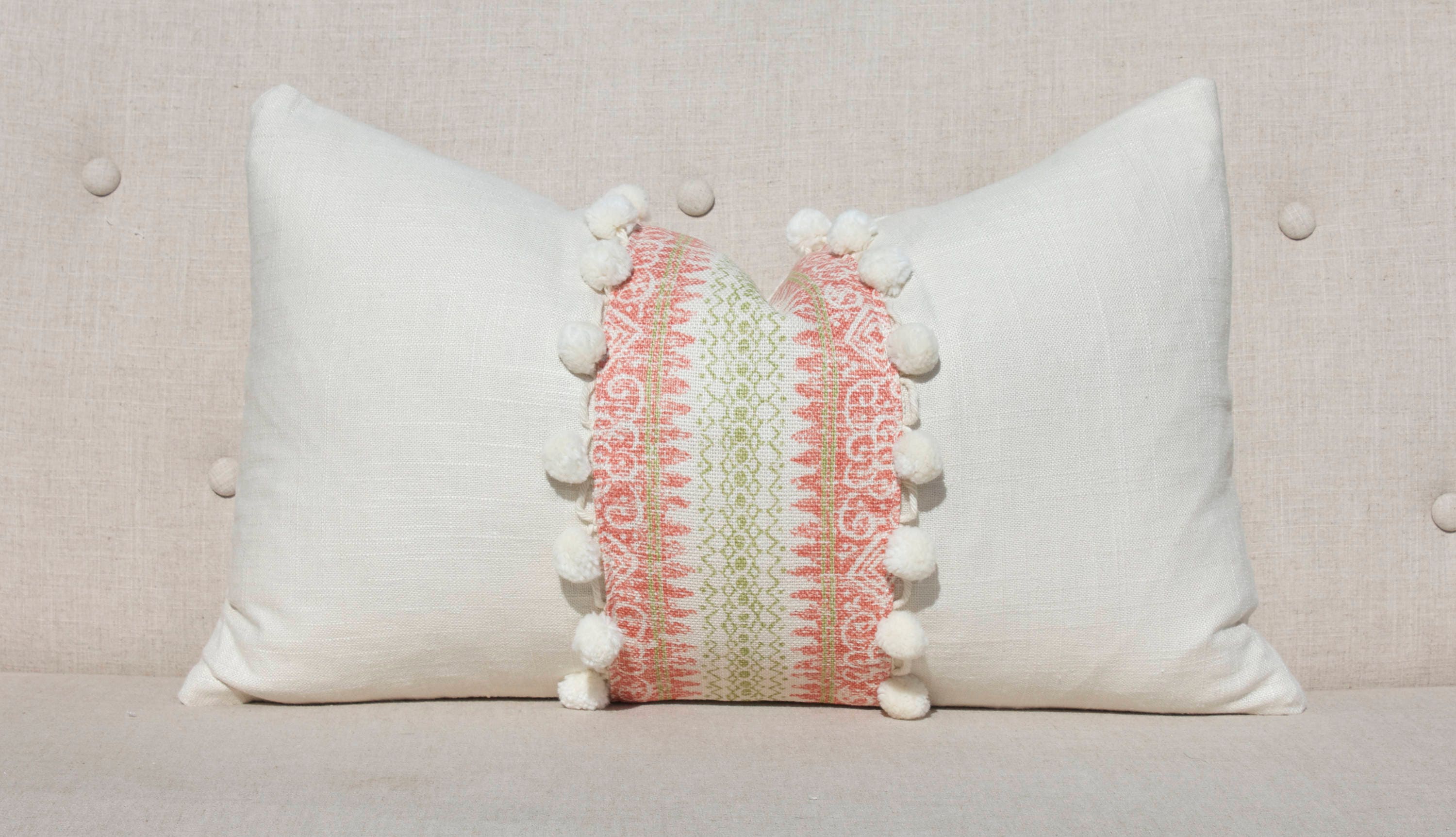 Boho Striped Pillow Cover in Coral and Lime Green embellished with Cream Ball Fringe.