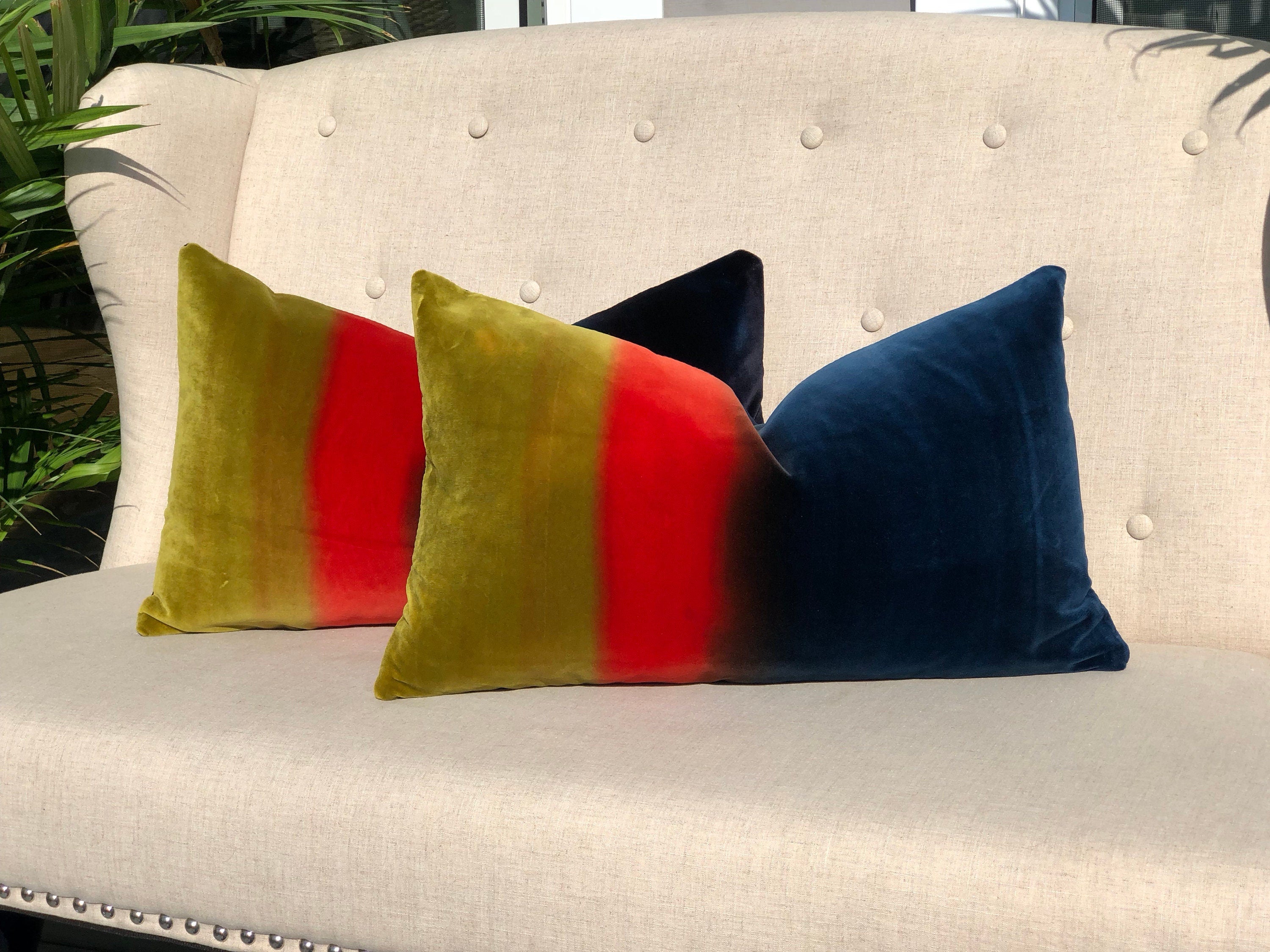 Amazilia Ombre Velvet Pillow Mustard, Papaya, Indigo. Lumbar Velvet Pillow Covers, High End Pillows, Designer Plush Velvet Pillow Covers