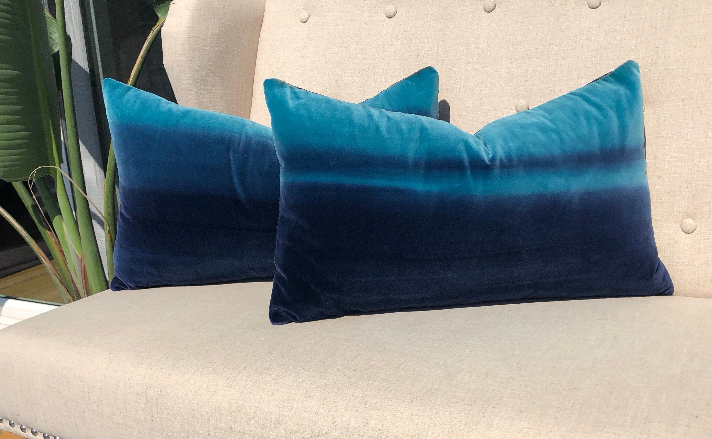 Harlequin Designer Velvet Pillow in Cocoa, Lagoon, Blueberry. Amazilia Lumbar Velvet Pillow Cover Tan, Aqua Blue, Indigo.
