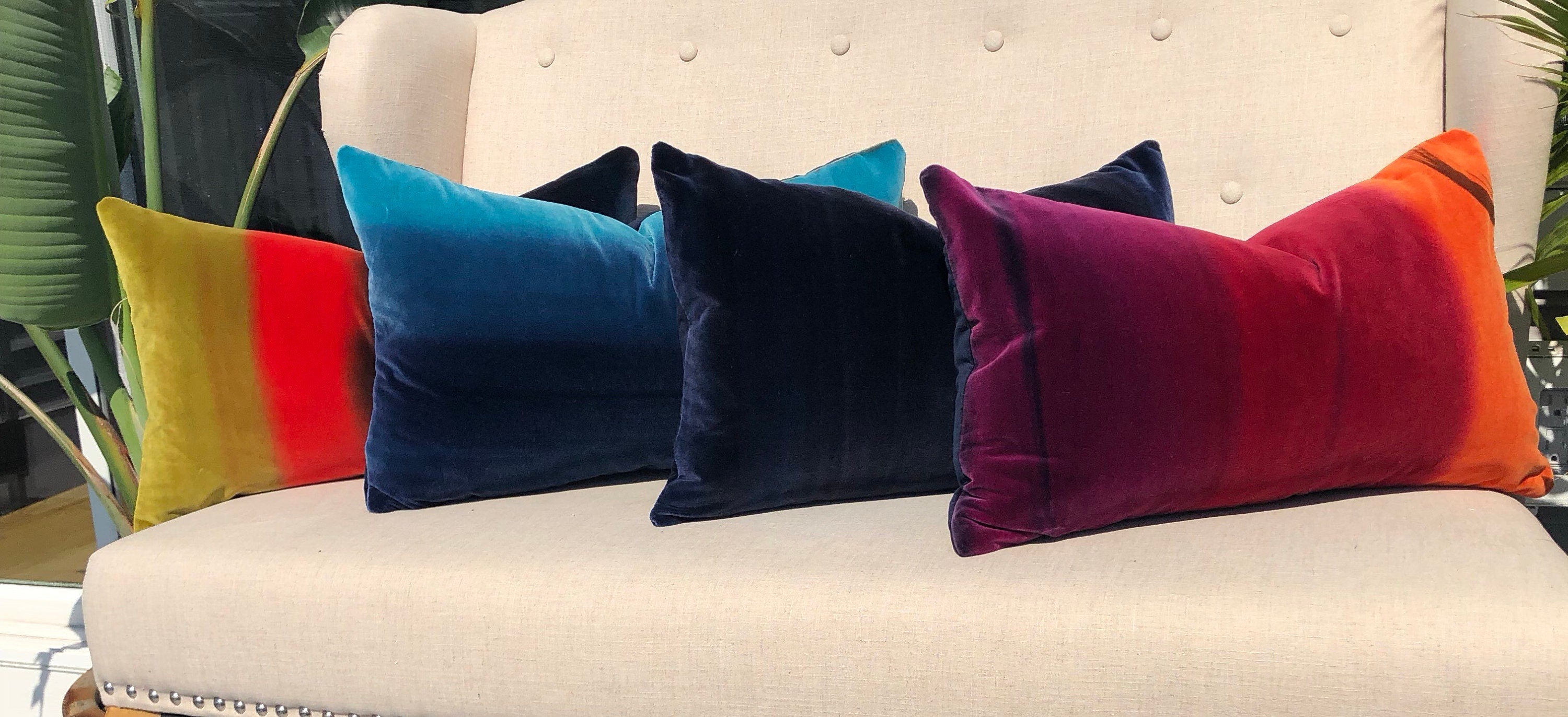 Amazilia Ombre Velvet Pillow Mustard, Papaya, Indigo. Lumbar Velvet Pillow Covers, High End Pillows, Designer Plush Velvet Pillow Covers
