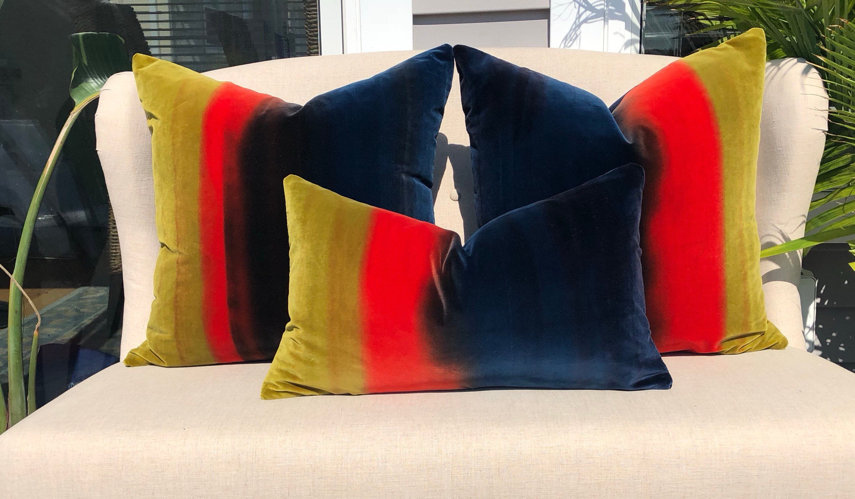 Amazilia Ombre Velvet Pillow Mustard, Papaya, Indigo. Lumbar Velvet Pillow Covers, High End Pillows, Designer Plush Velvet Pillow Covers