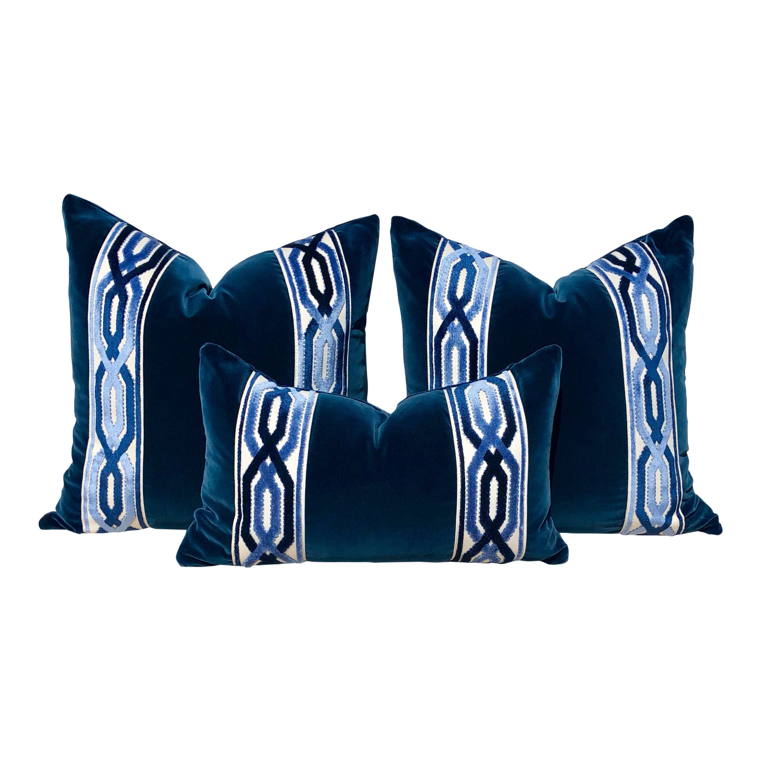 Velvet Pillow in Midnight Blue with Woven Velvet Trim, Lumbar Velvet Pillow, Designer Pillow Sham, Accent Velvet Pillow Cover