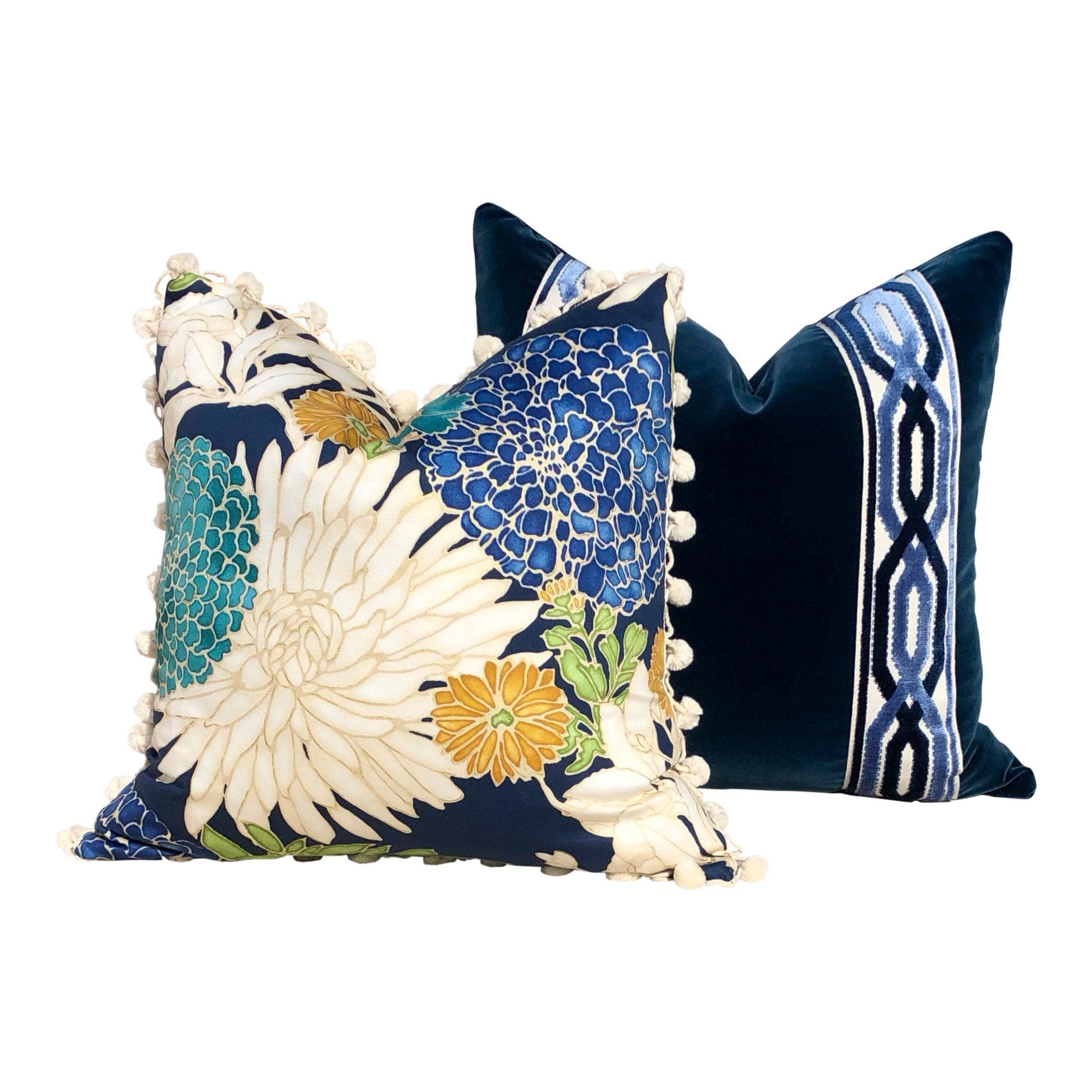 Velvet Pillow in Midnight Blue with Woven Velvet Trim, Lumbar Velvet Pillow, Designer Pillow Sham, Accent Velvet Pillow Cover