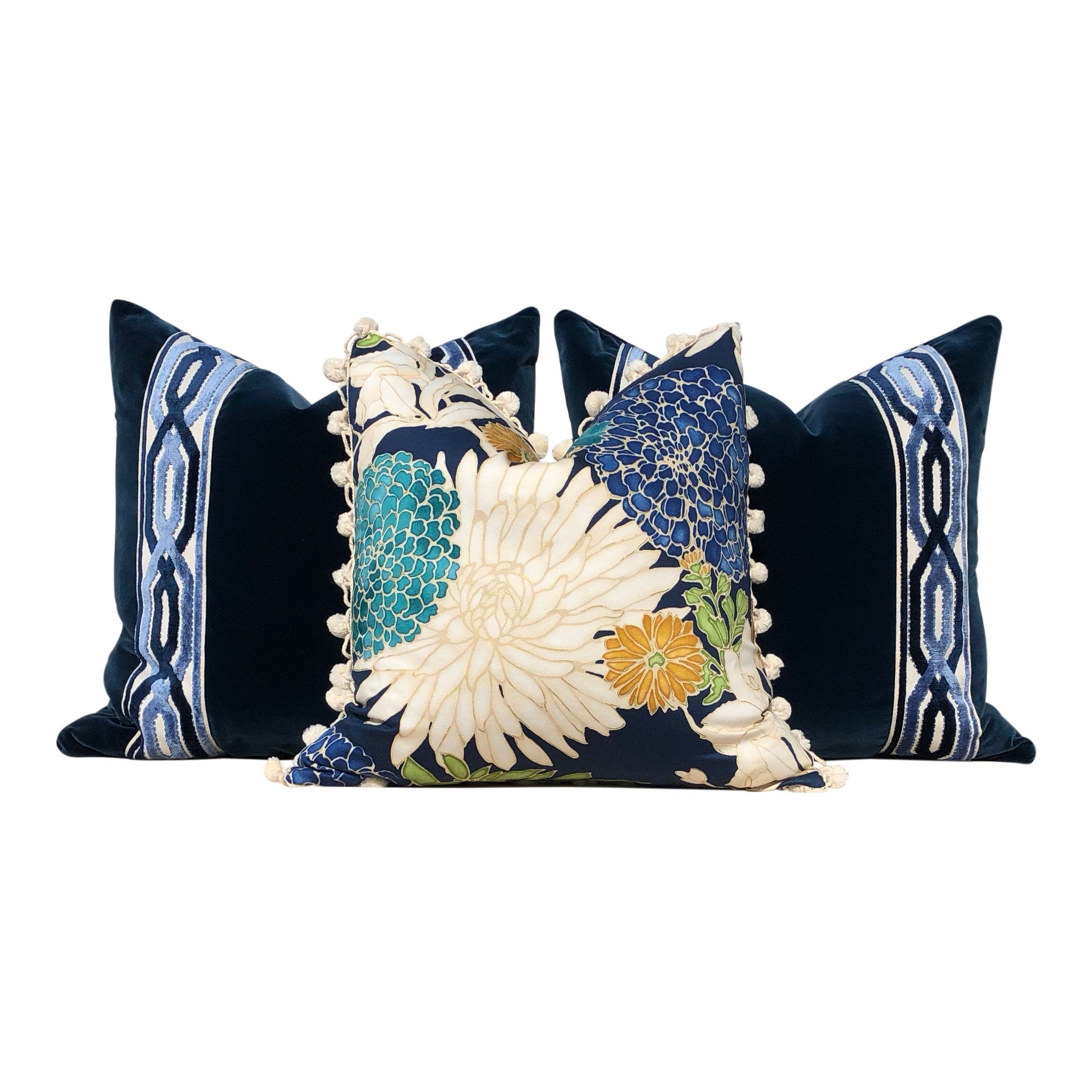 Velvet Pillow in Midnight Blue with Woven Velvet Trim, Lumbar Velvet Pillow, Designer Pillow Sham, Accent Velvet Pillow Cover