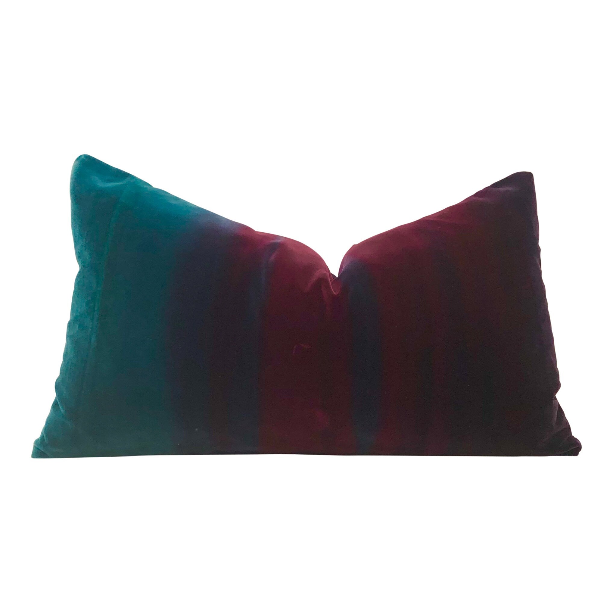 Ombre Velvet Pillow Lagoon, Burgundy and Loganberry. Amazilia Lumbar Velvet Pillow Teal, Wine.