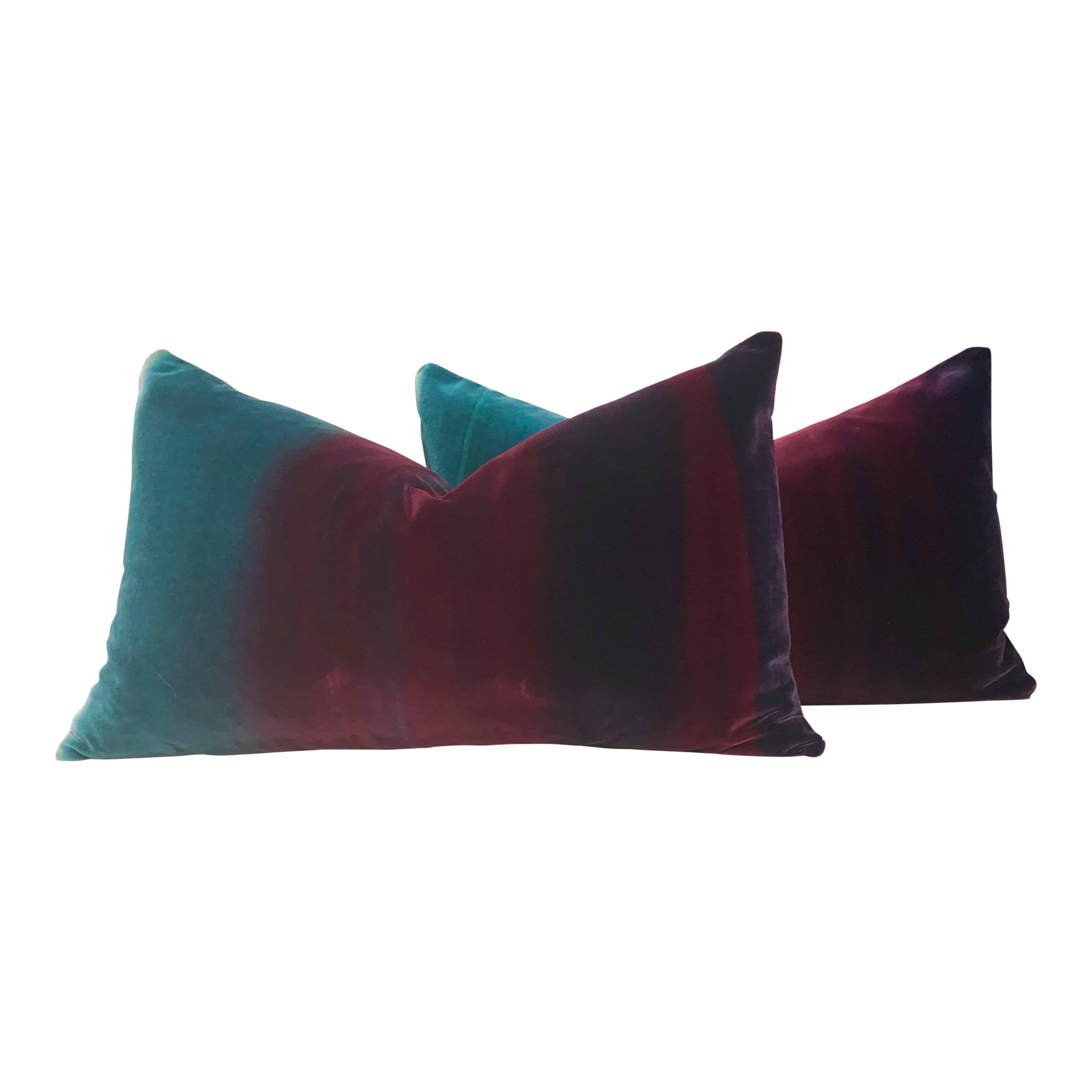 Ombre Velvet Pillow Lagoon, Burgundy and Loganberry. Amazilia Lumbar Velvet Pillow Teal, Wine.