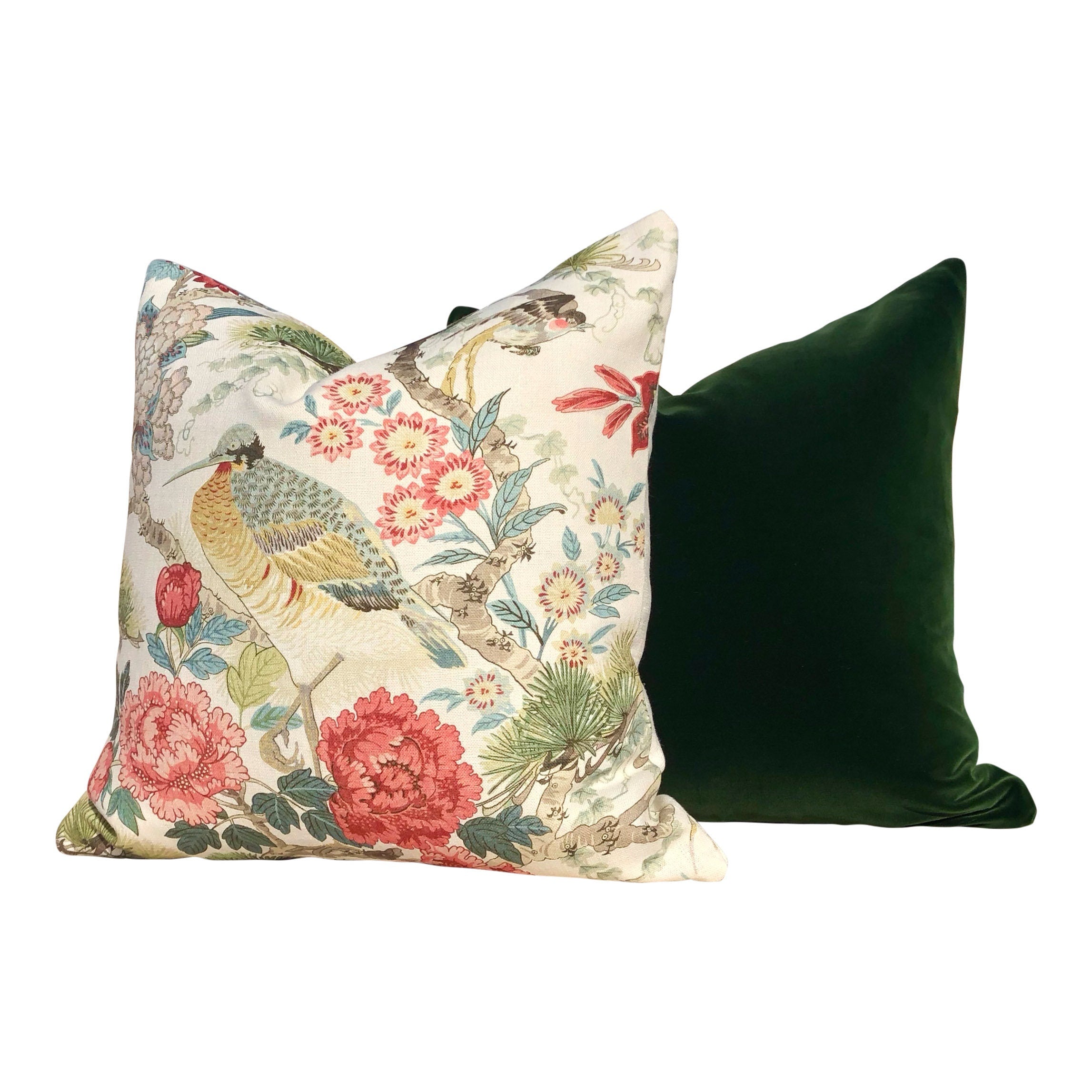 Scalamandre Shenyang Pillow in Bloom. Chinoserie Pillow Cover Exotic Bird Accent Decorative Cushion in Pink and Coral, Euro Sham Case