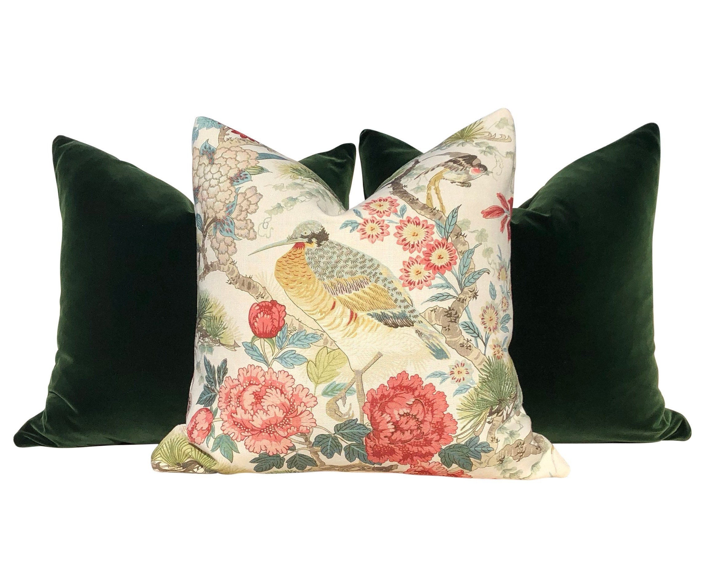 Scalamandre Shenyang Pillow in Bloom. Chinoserie Pillow Cover Exotic Bird Accent Decorative Cushion in Pink and Coral, Euro Sham Case