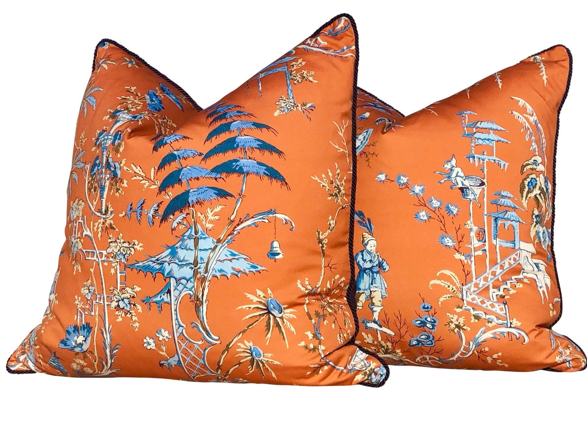 Scalamandre Nanjing Pillow in Mandarin. Chinoserie Pillow Tangerine, Lumbar Orange Pillow, Designer Chinoiserie Pillow, Asian Euro Sham