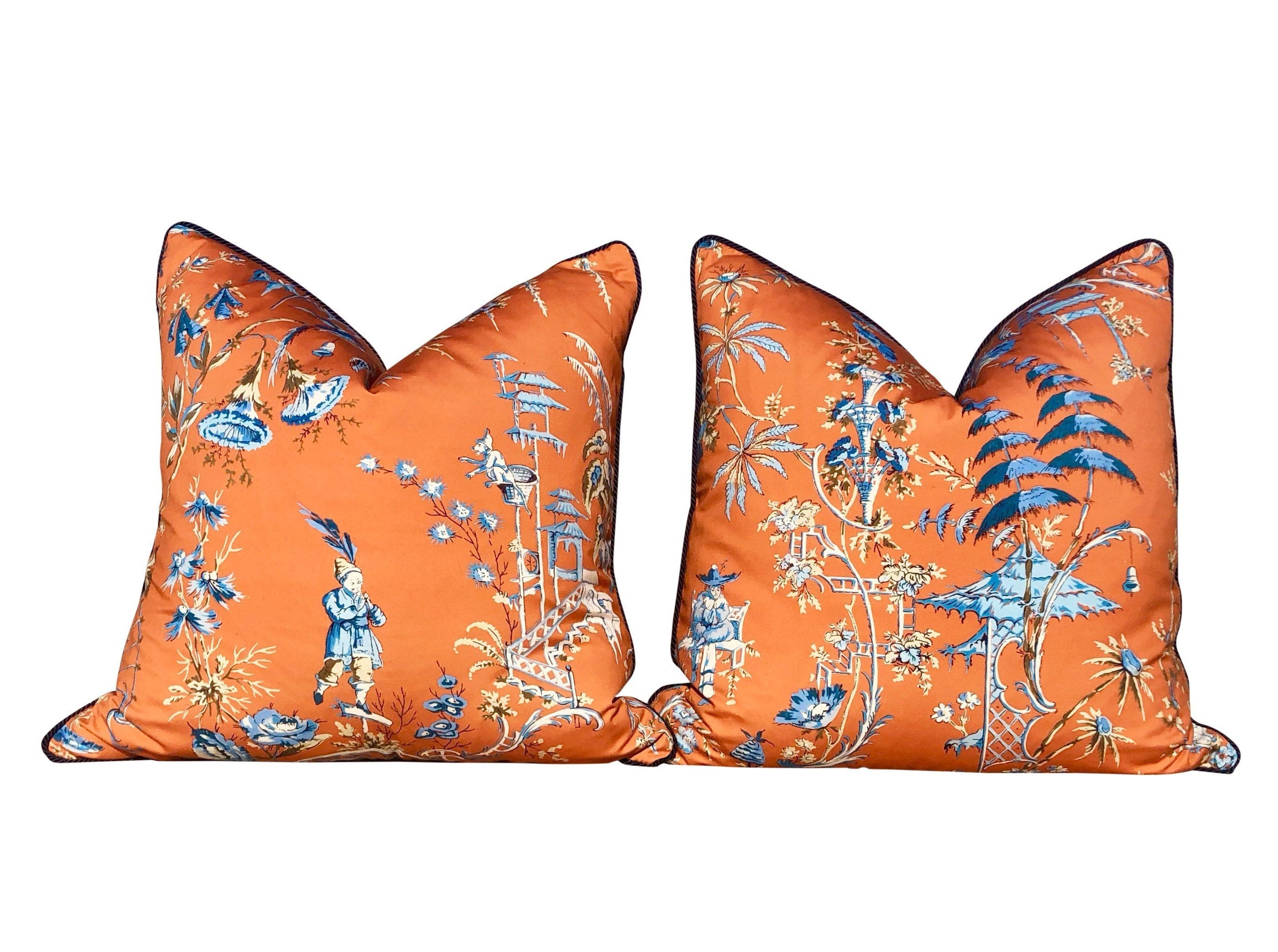 Scalamandre Nanjing Pillow in Mandarin. Chinoserie Pillow Tangerine, Lumbar Orange Pillow, Designer Chinoiserie Pillow, Asian Euro Sham