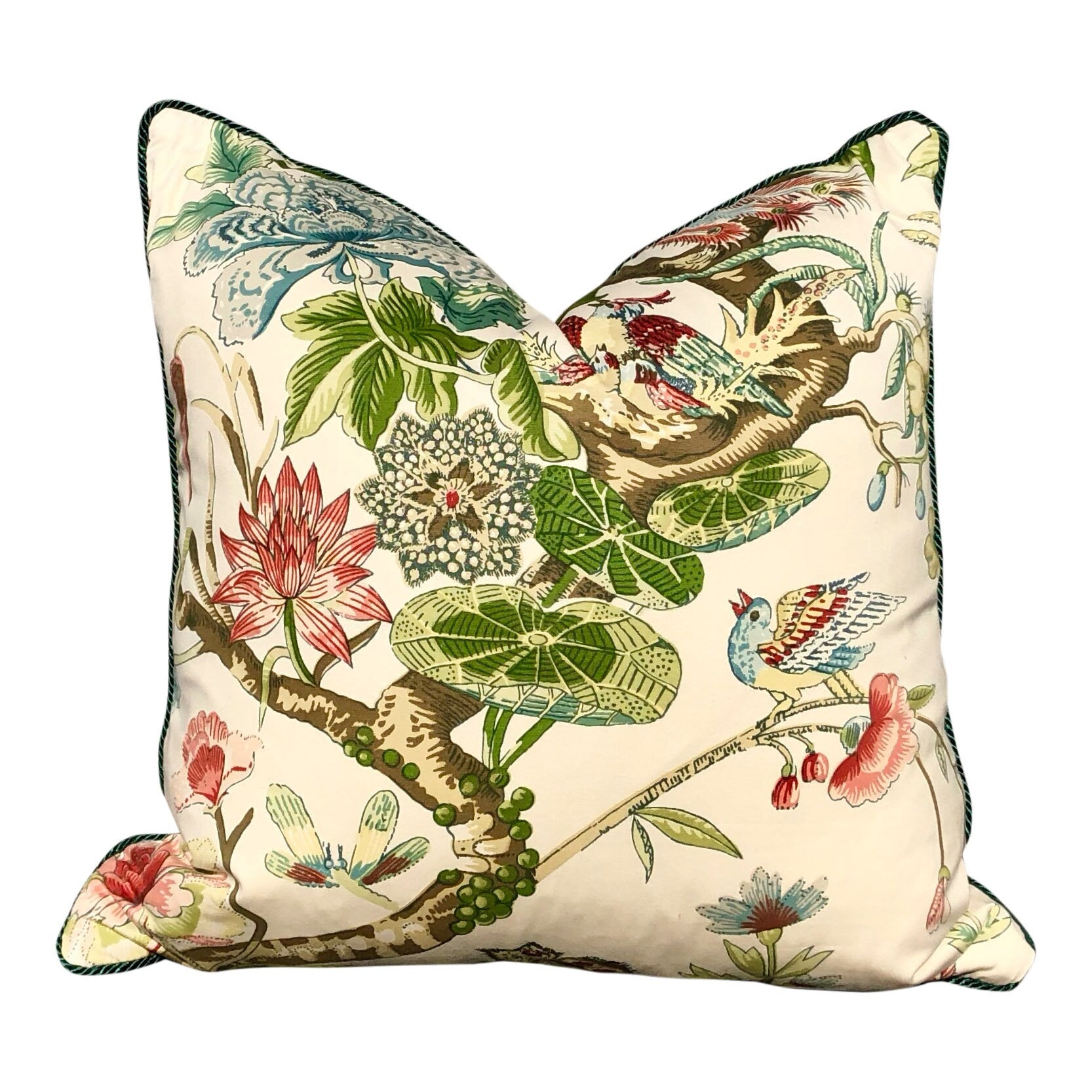 Schumacher Cranley Garden Pillow embellished with Green Linen Piping. Designer Pillow, accent pillow cover, decorative cushion.