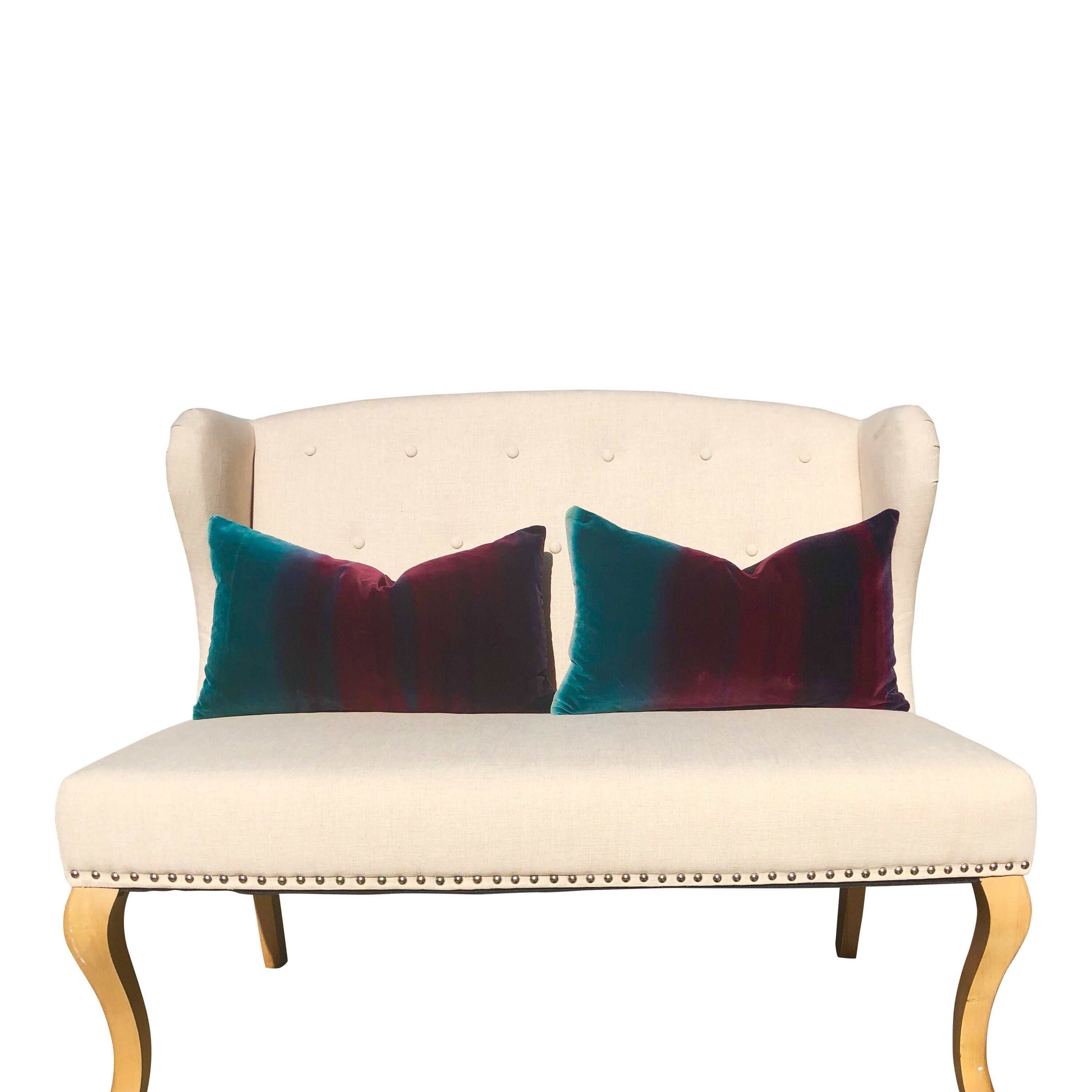 Ombre Velvet Pillow Lagoon, Burgundy and Loganberry. Amazilia Lumbar Velvet Pillow Teal, Wine.