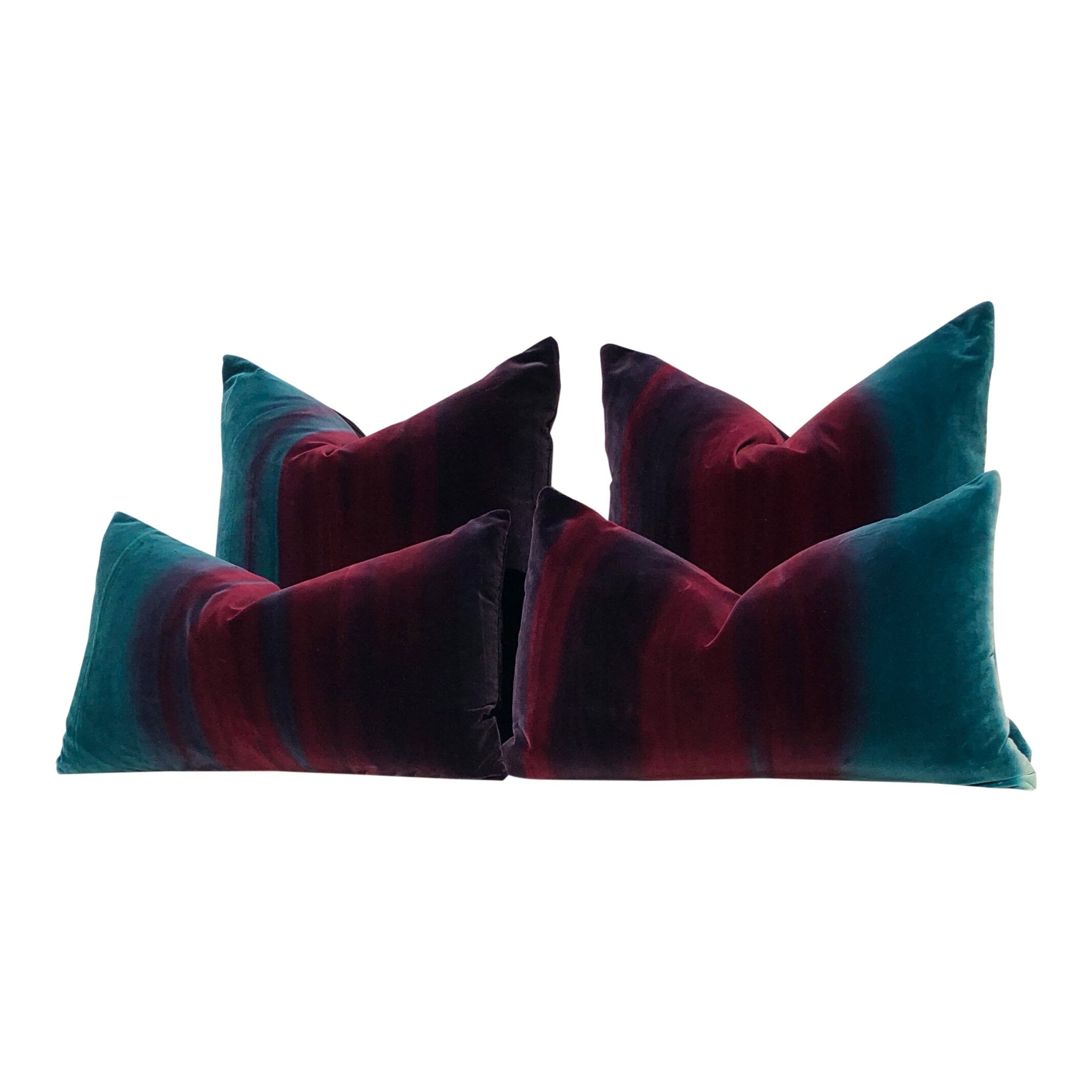 Ombre Velvet Pillow Lagoon, Burgundy and Loganberry. Amazilia Lumbar Velvet Pillow Teal, Wine.