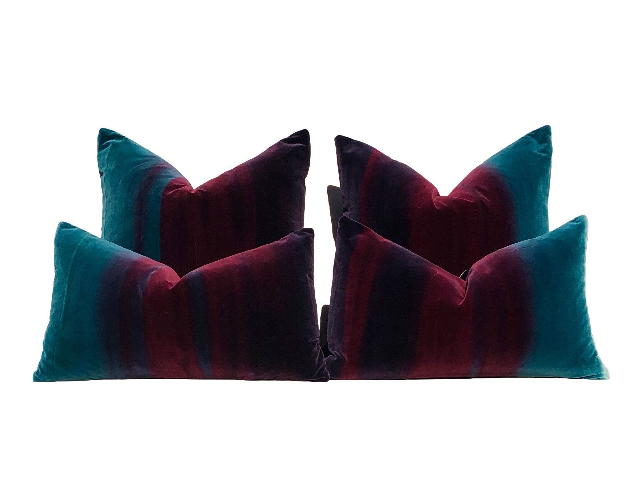 Ombre Velvet Pillow Lagoon, Burgundy and Loganberry. Amazilia Lumbar Velvet Pillow Teal, Wine.