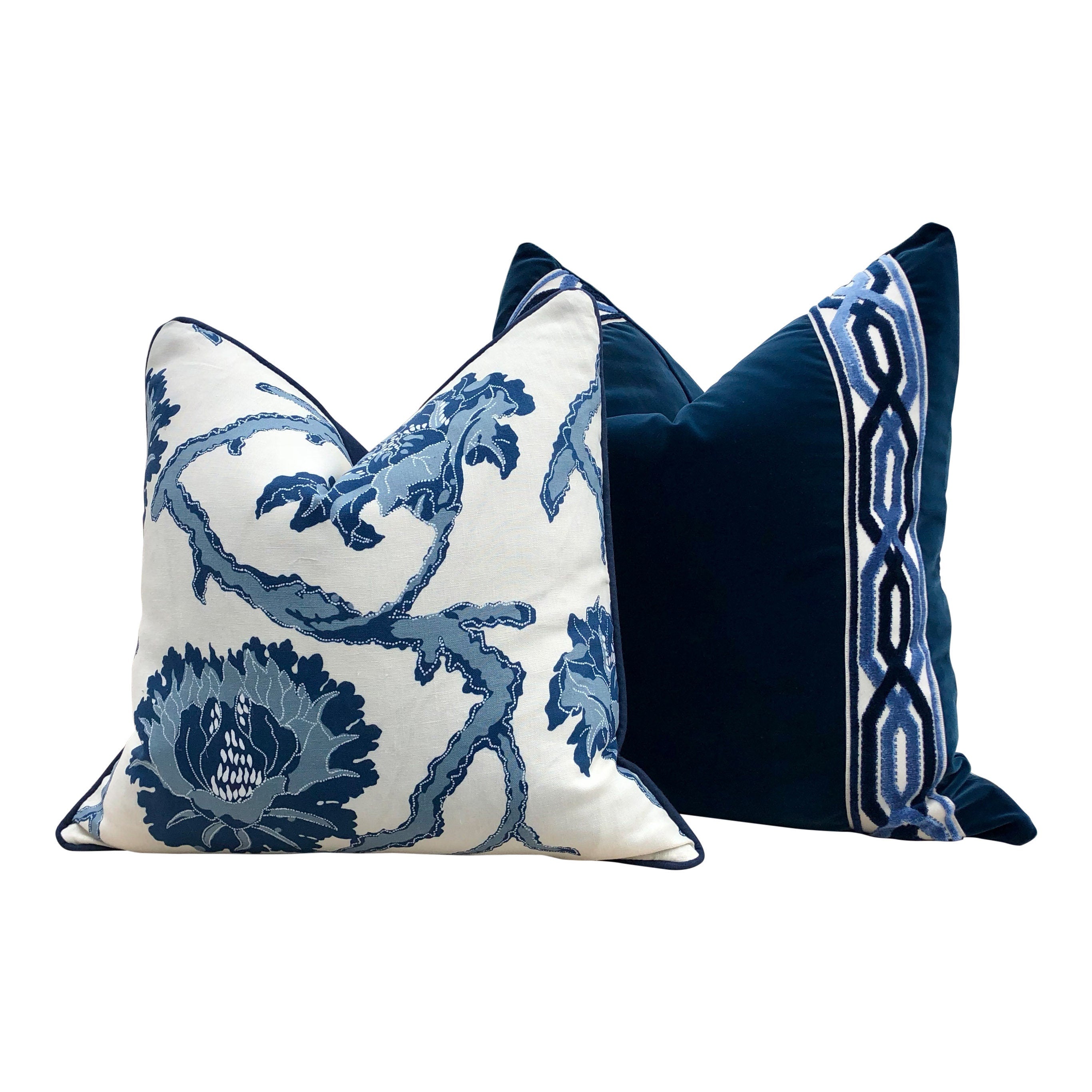 Velvet Pillow in Midnight Blue with Woven Velvet Trim, Lumbar Velvet Pillow, Designer Pillow Sham, Accent Velvet Pillow Cover