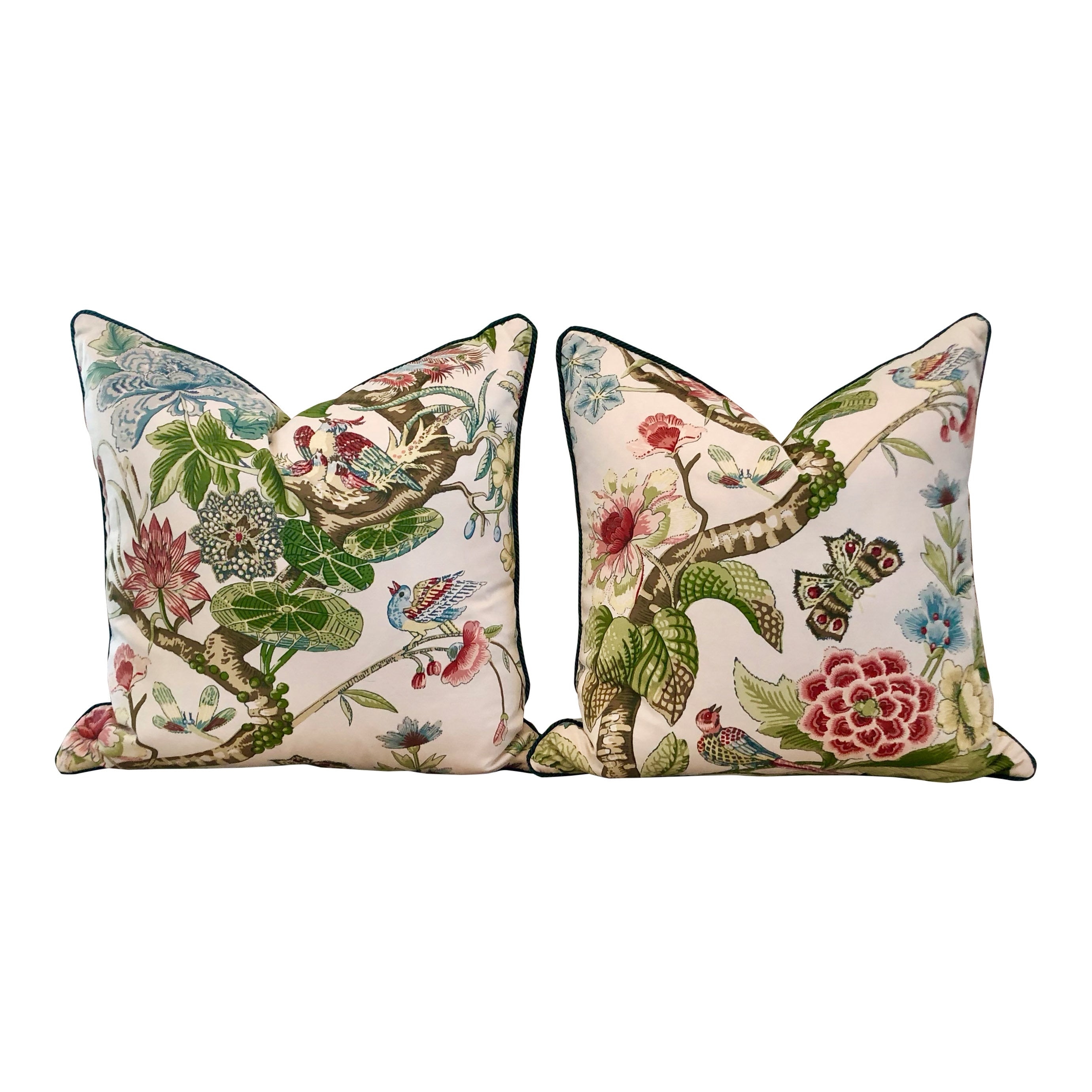 Schumacher Cranley Garden Pillow embellished with Green Linen Piping. Designer Pillow, accent pillow cover, decorative cushion.