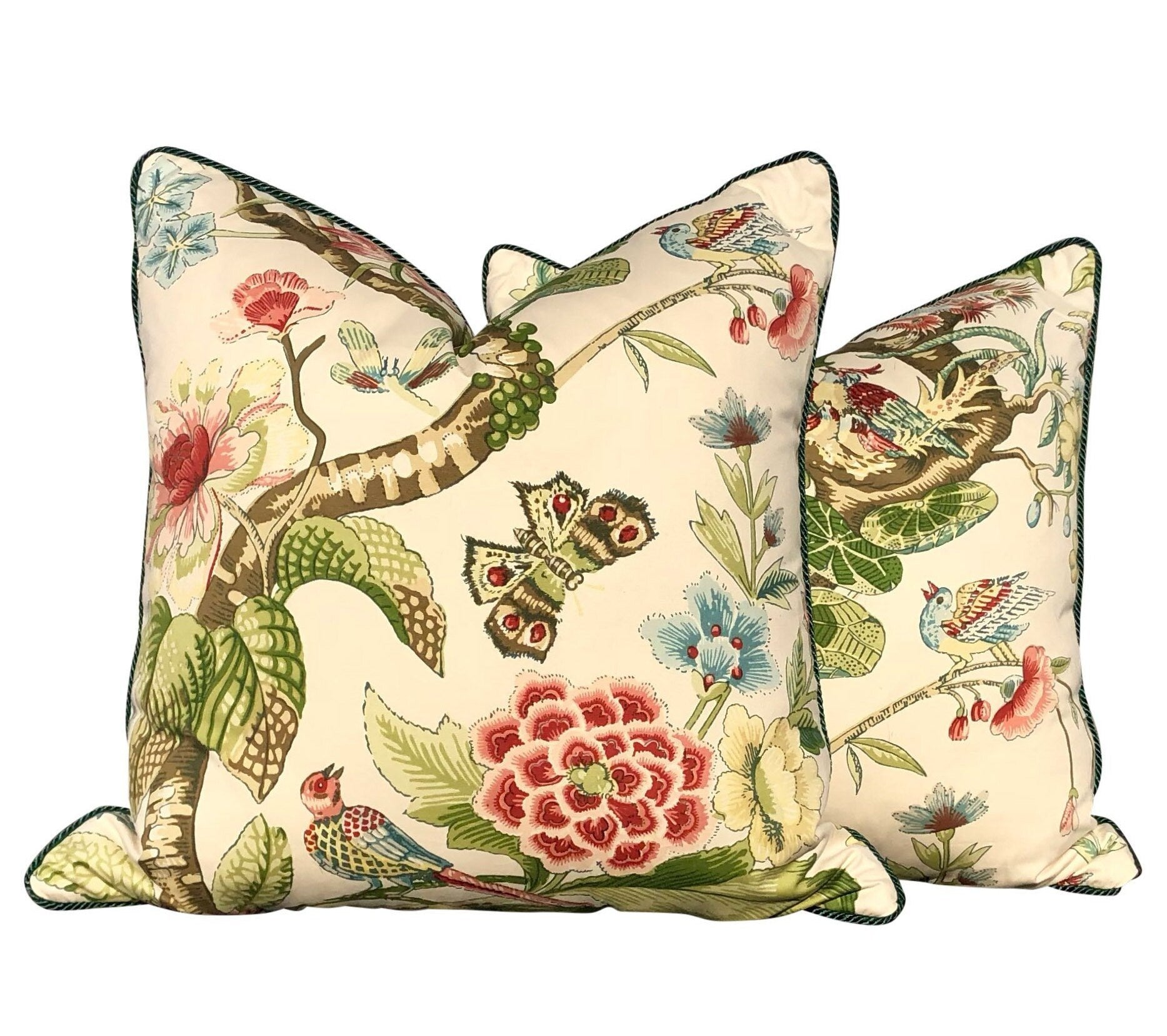 Schumacher Cranley Garden Pillow embellished with Green Linen Piping. Designer Pillow, accent pillow cover, decorative cushion.