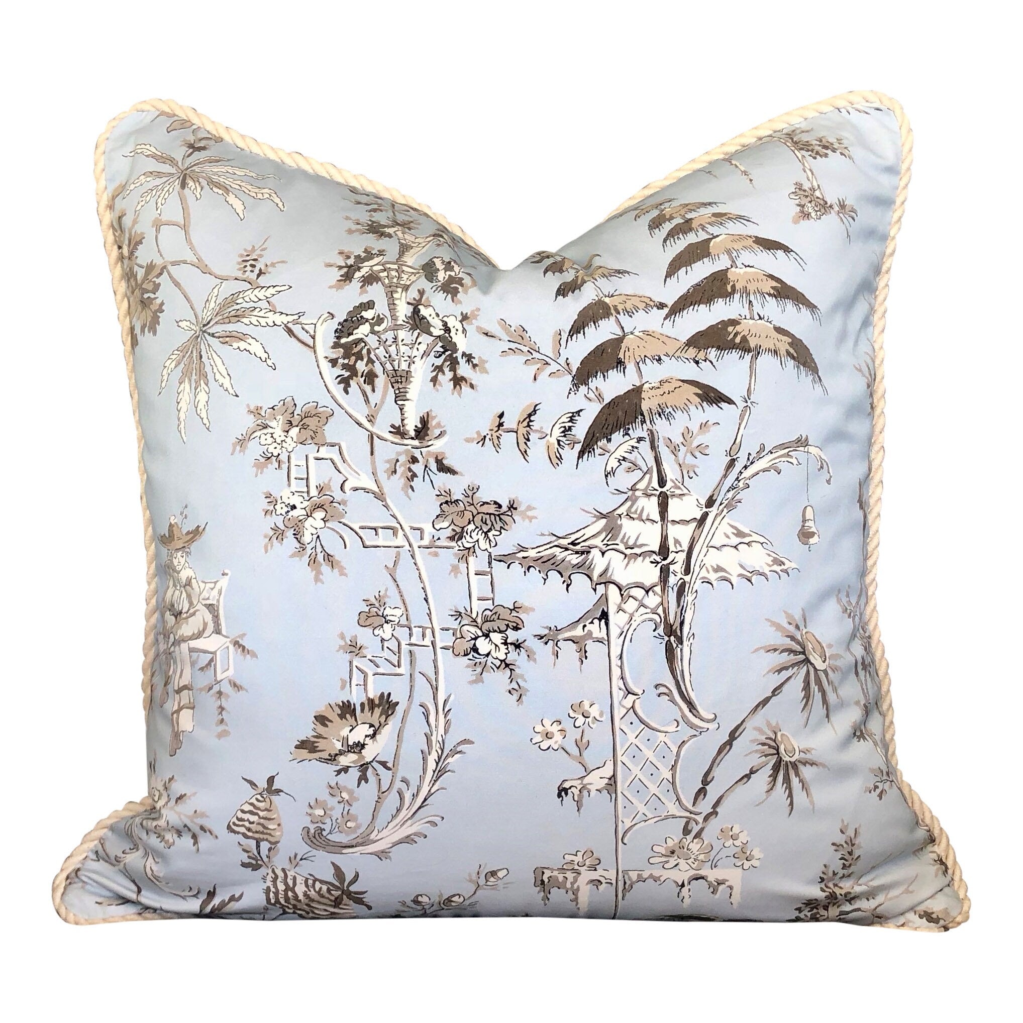 Nanjing Chinoiserie Pillow Sky Blue. Lumbar Light Blue Pillow Case, Powder Blue Cushion, Pagoda Pillow Cove, Euro Sham Slipcover