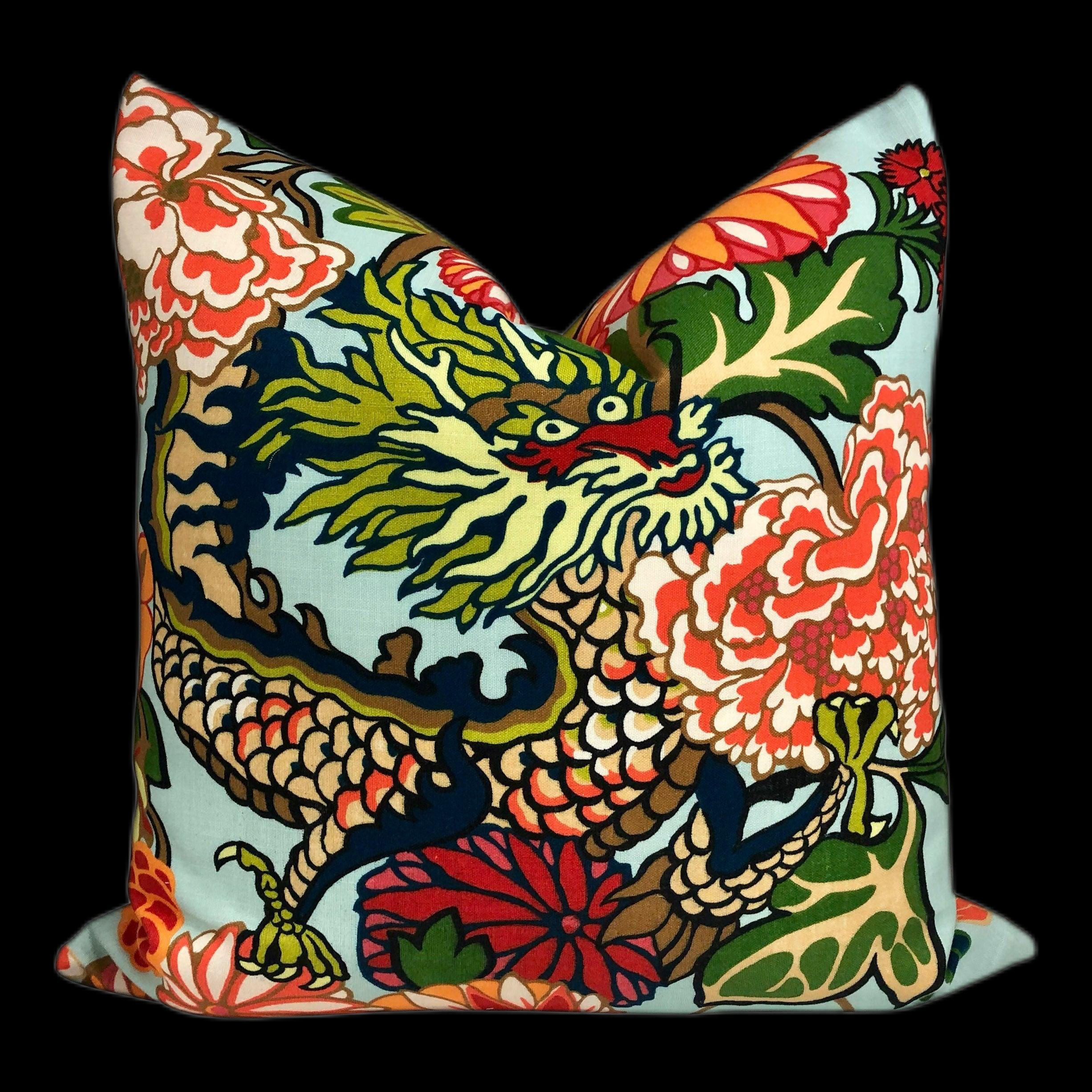 Outdoor Chaing Mai Dragon Pillow in Aquamarine. Chinoiserie Pillow, Cushion Cover in Aqua Blue, Dragon Pillows, Designer Accent Pillow Case