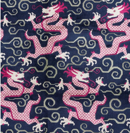 Schumacher Bixi Velvet Lumbar Pillow in Navy Blue. Dragon Velvet Pillow, Red Navy Chinoiserie Cushion, Asian Pillow Cover, Luxurious Pillow