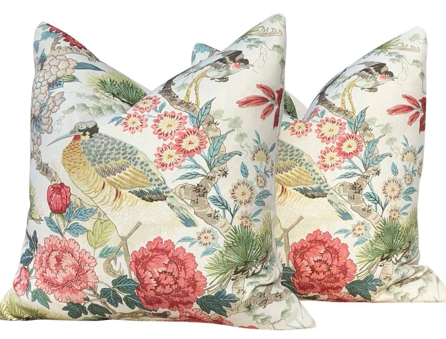 Scalamandre Shenyang Pillow in Bloom. Chinoserie Pillow Cover Exotic Bird Accent Decorative Cushion in Pink and Coral, Euro Sham Case