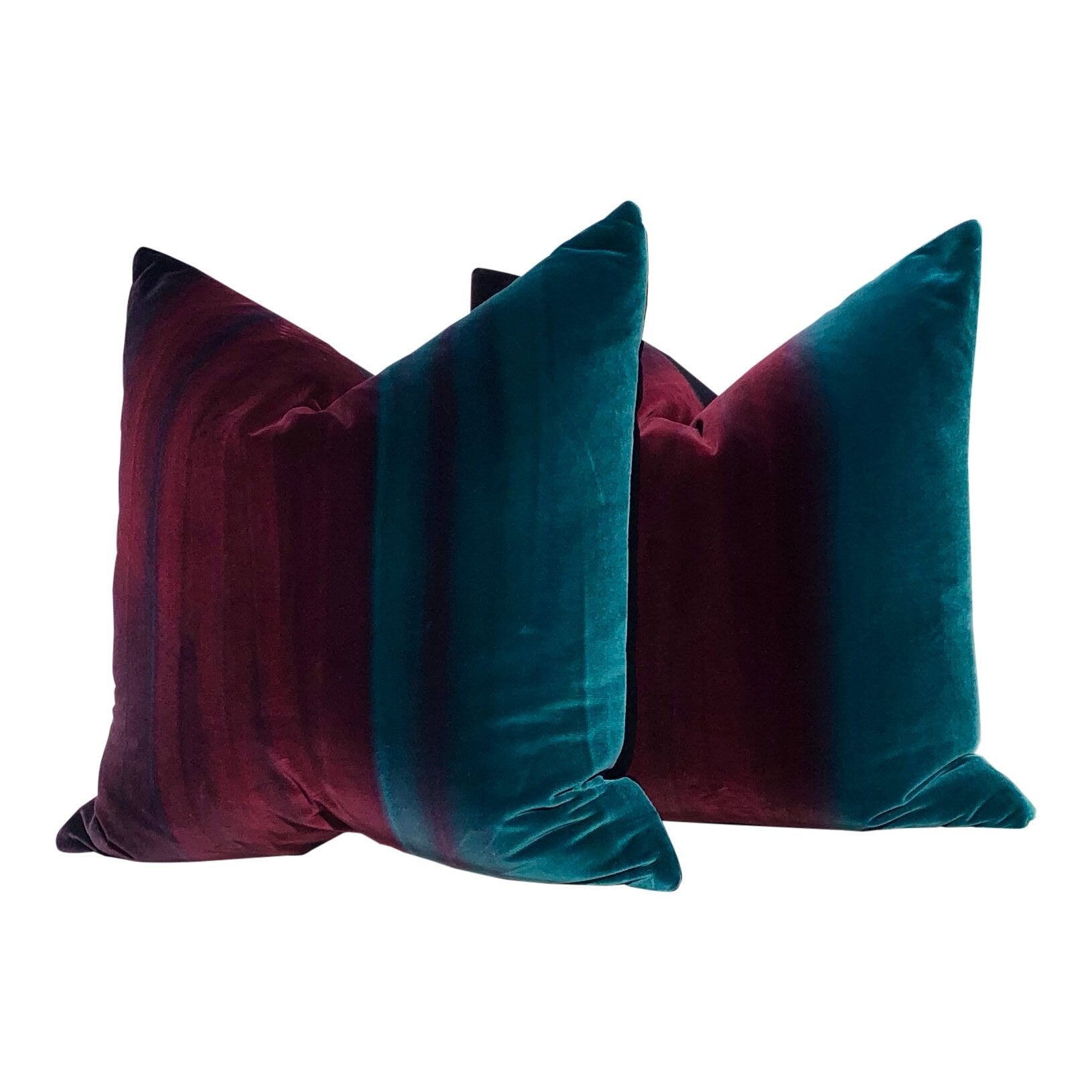 Ombre Velvet Pillow Lagoon, Burgundy and Loganberry. Amazilia Lumbar Velvet Pillow Teal, Wine.