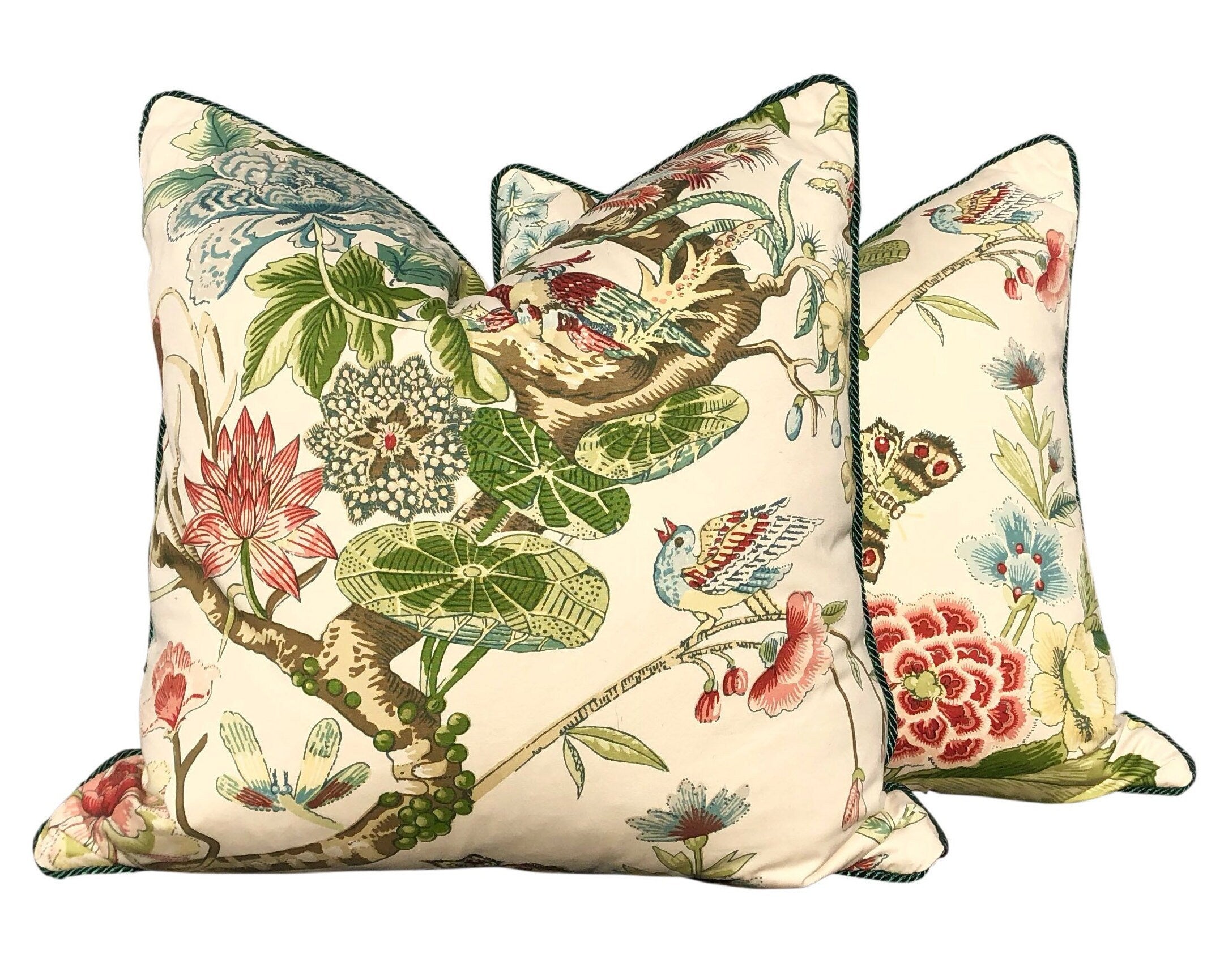 Schumacher Cranley Garden Pillow embellished with Green Linen Piping. Designer Pillow, accent pillow cover, decorative cushion.