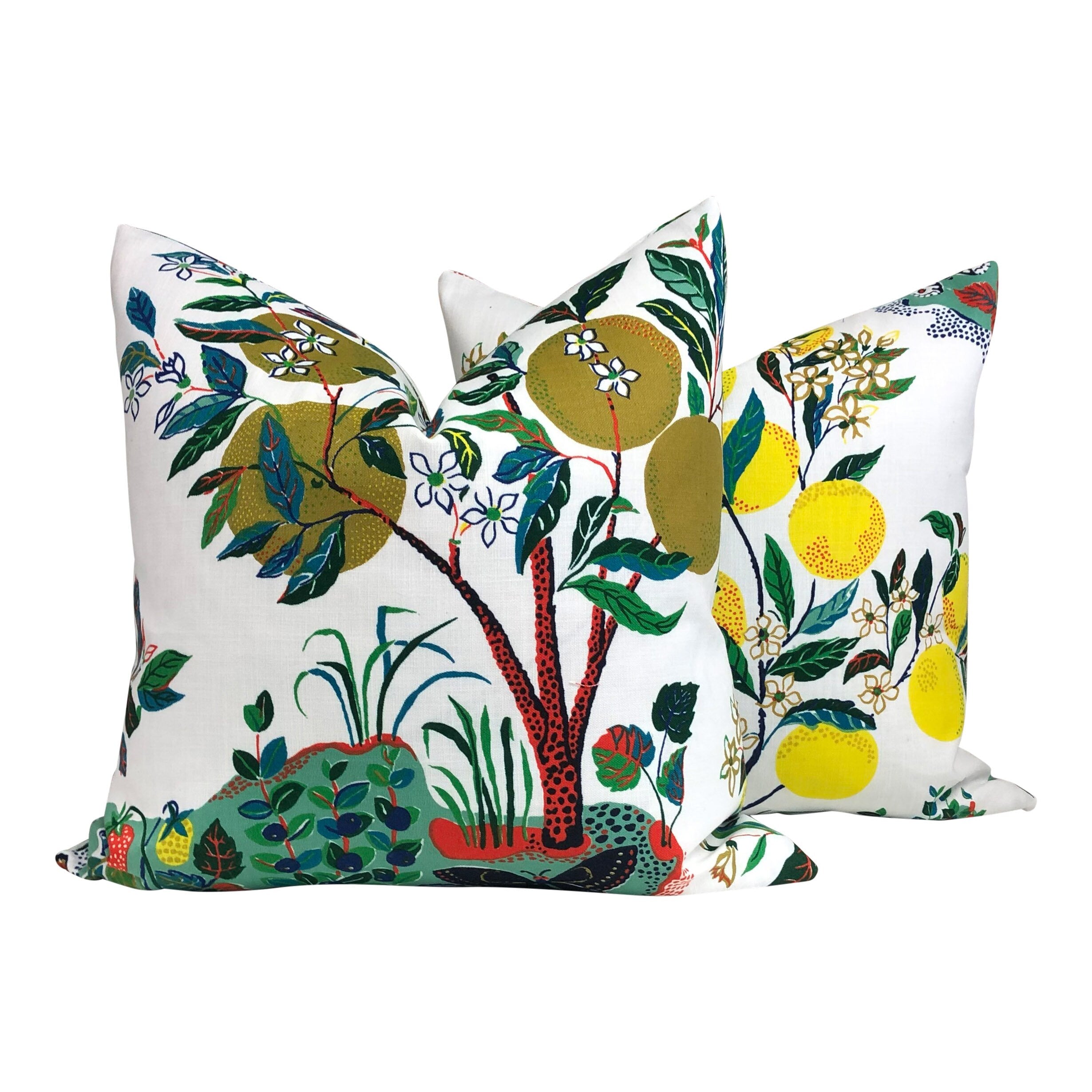 Outdoor Citrus Garden Decorative Pillow Cover, Schumacher Primary Lemon Lime Tree Throw Pillow, Lumbar Outdoor Pillow Yellow Green