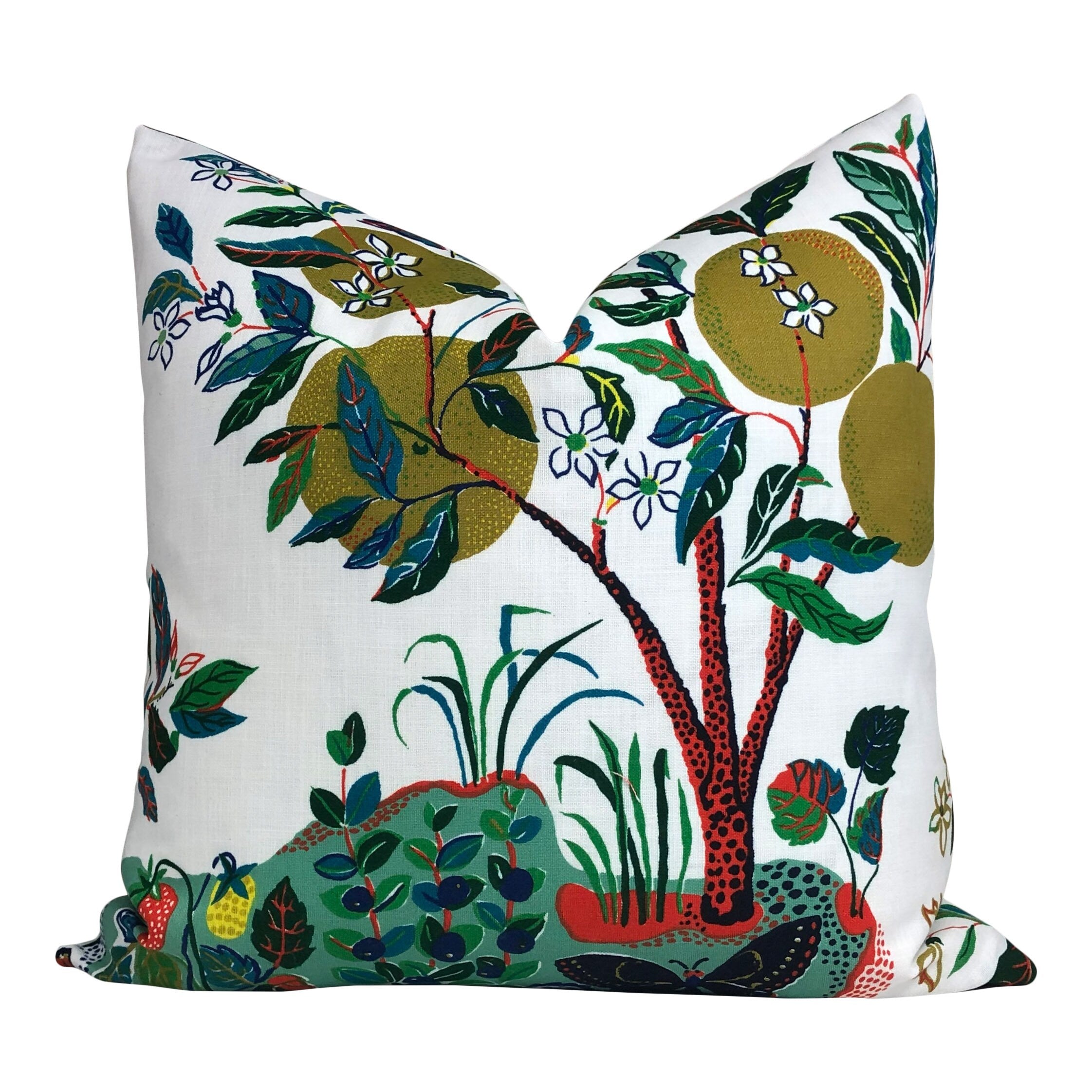 Outdoor Citrus Garden Decorative Pillow Cover, Schumacher Primary Lemon Lime Tree Throw Pillow, Lumbar Outdoor Pillow Yellow Green