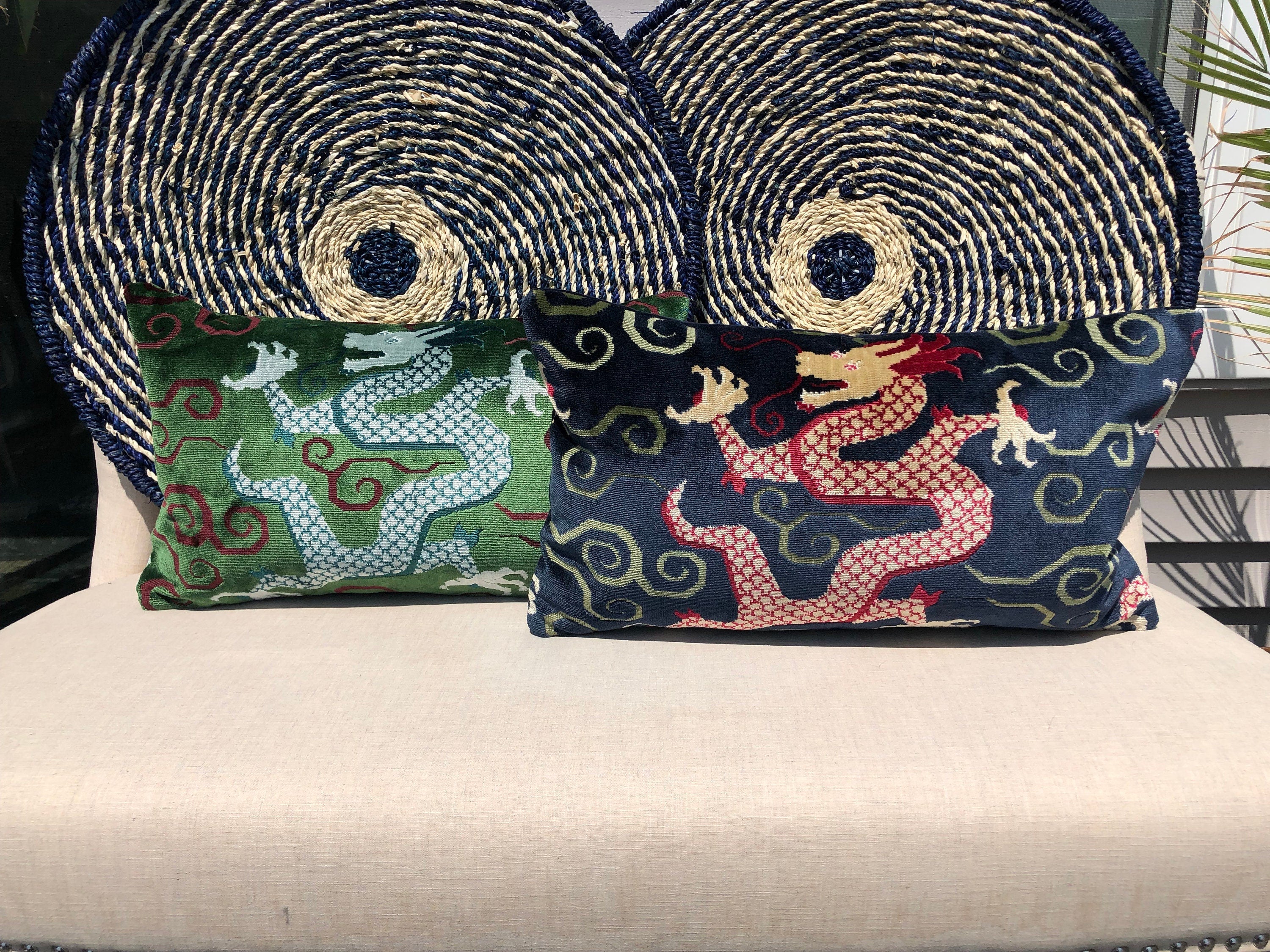 Schumacher Bixi Velvet Lumbar Pillow in Navy Blue. Dragon Velvet Pillow, Red Navy Chinoiserie Cushion, Asian Pillow Cover, Luxurious Pillow