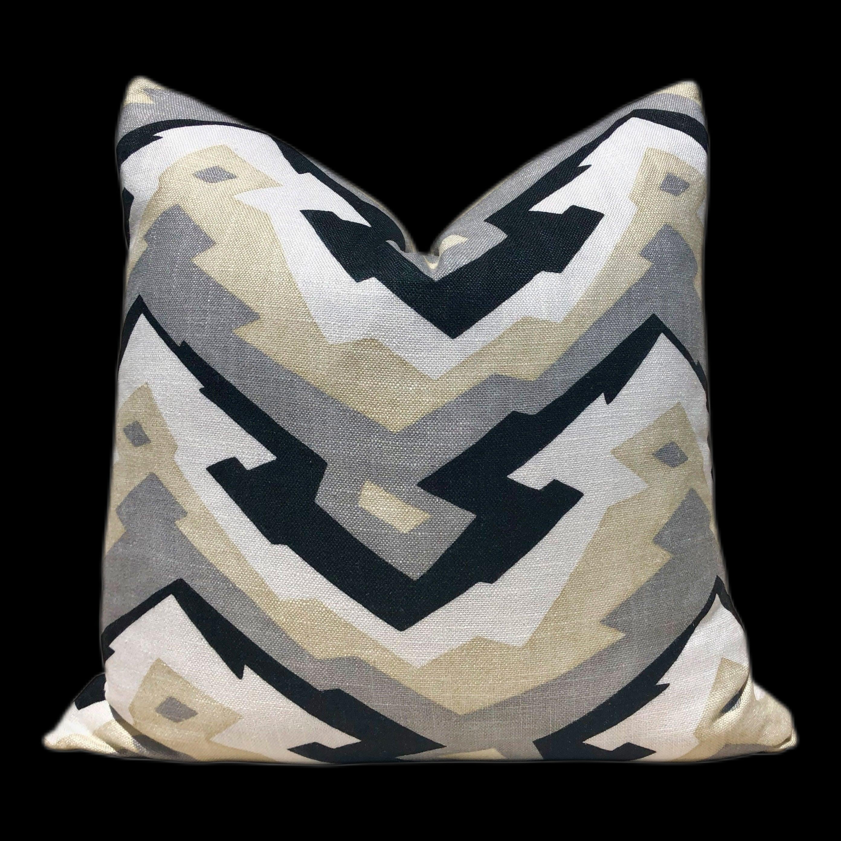 Thibaut Deco Mountain LInen Pillow in Black, Beige, Gray. Modern Geometric Accent Decorative Pillow Cover, Zig Zag Cushion Case Black Tan