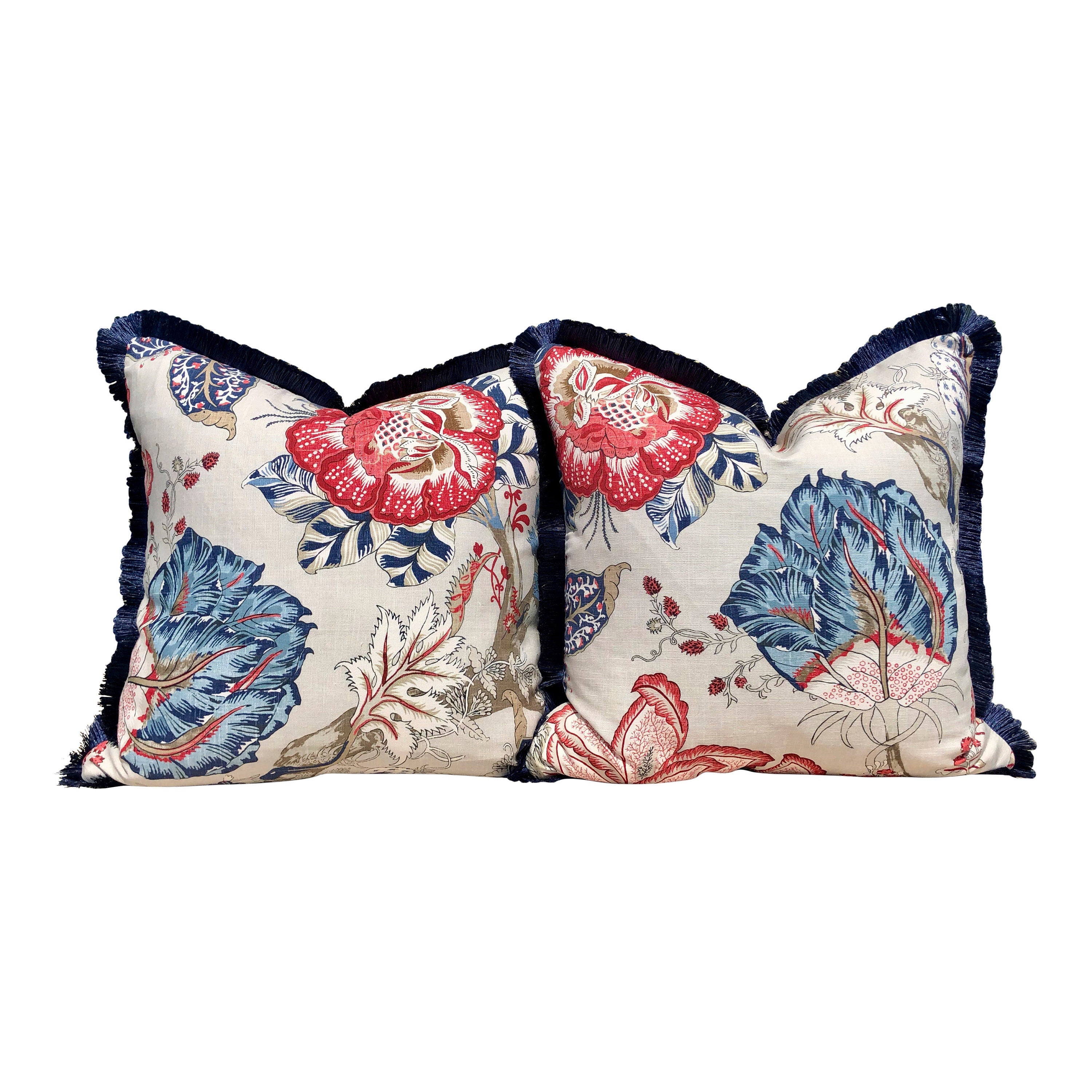 Kalamkari Pillow Red and Blue , Navy Brush Fringe. Lumbar Pillow, Chinoiserie Pillow, accent cushion cover, decorative pillow