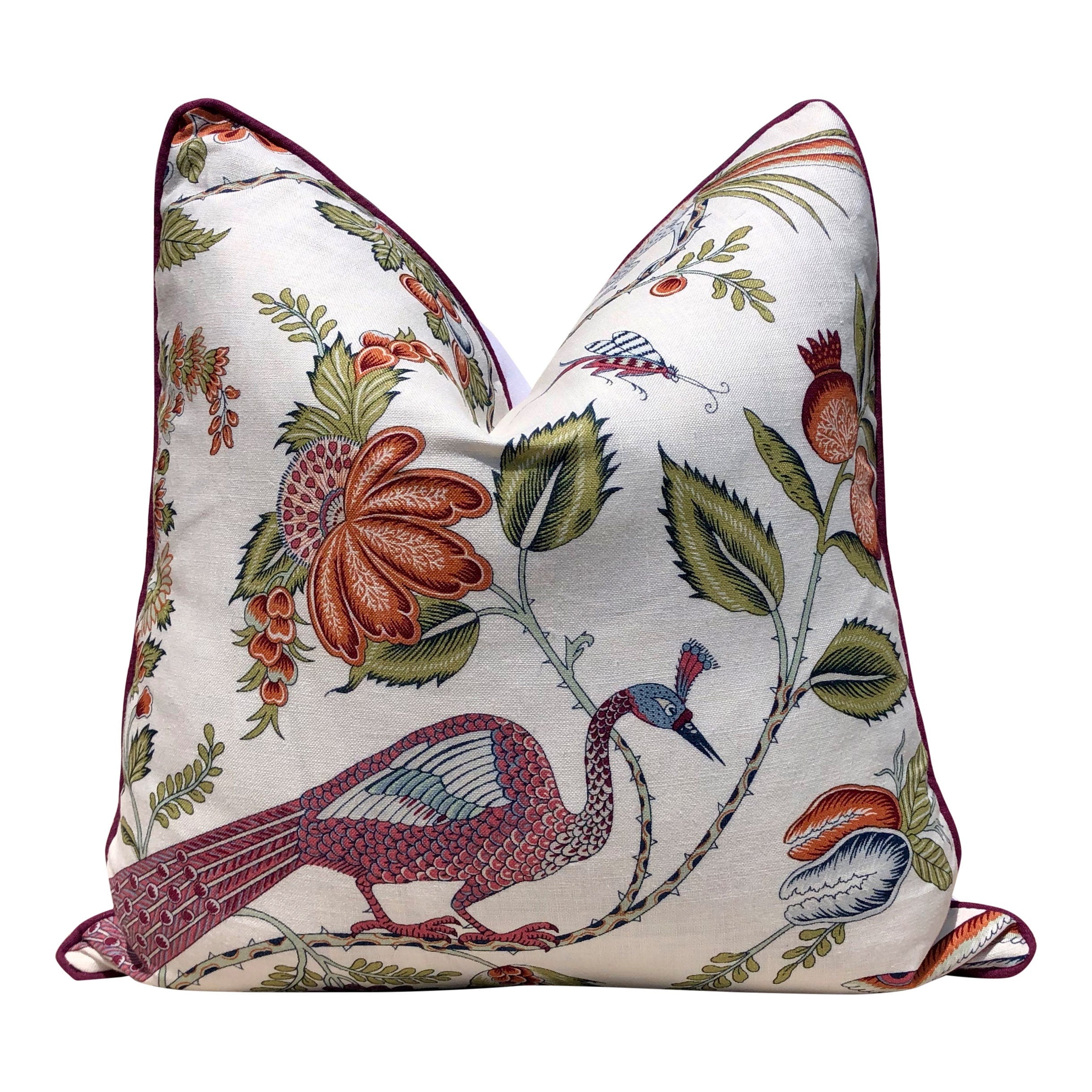 Schumacher Peacock Pillow Purple, Green. Lumbar Linen Pillow.