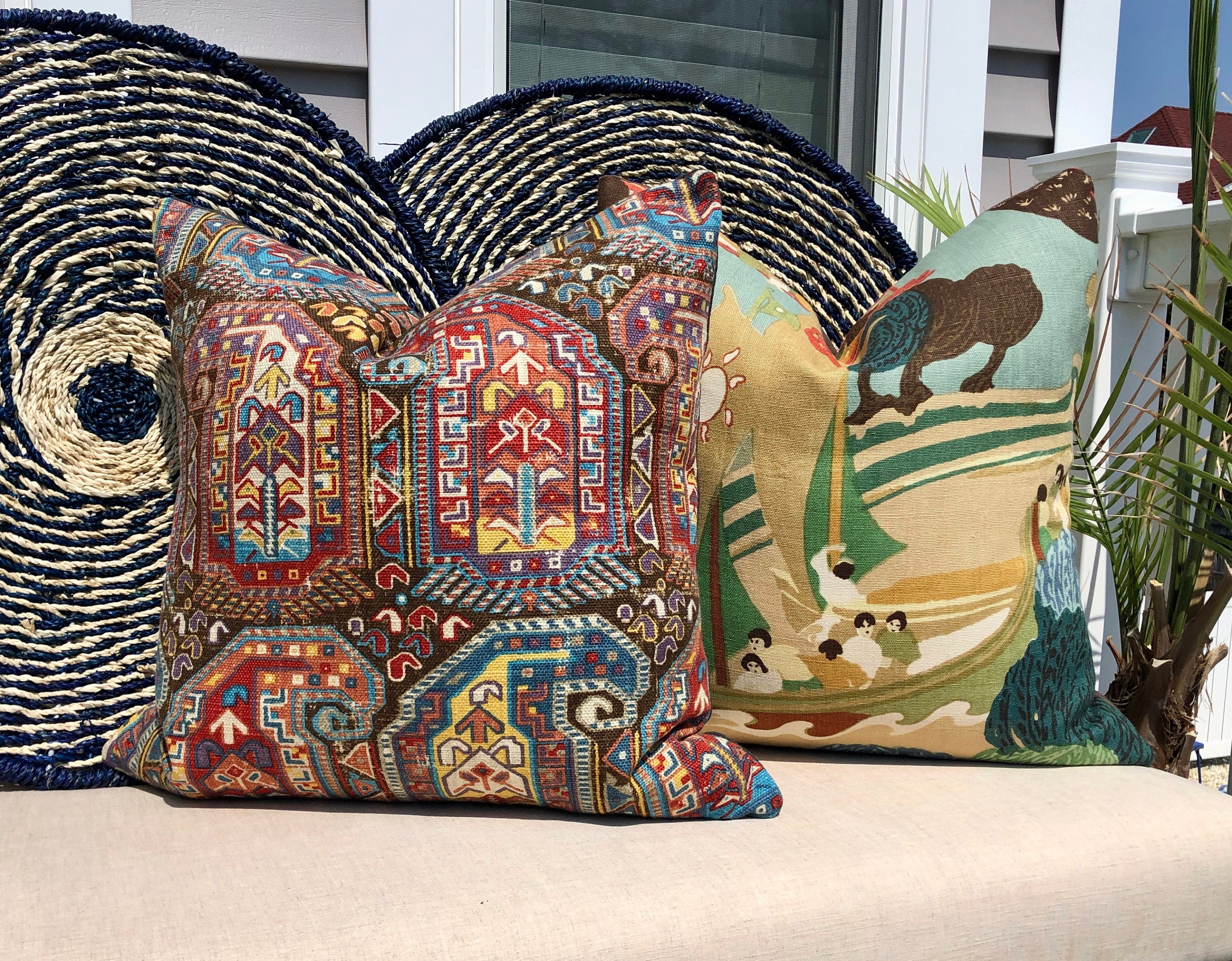 Schumacher Pearl River Linen Pillow in Jade. Designer Tan Aqua Pillow // Lumbar Linen Pillow // Chinoiserie Pillow Cover //