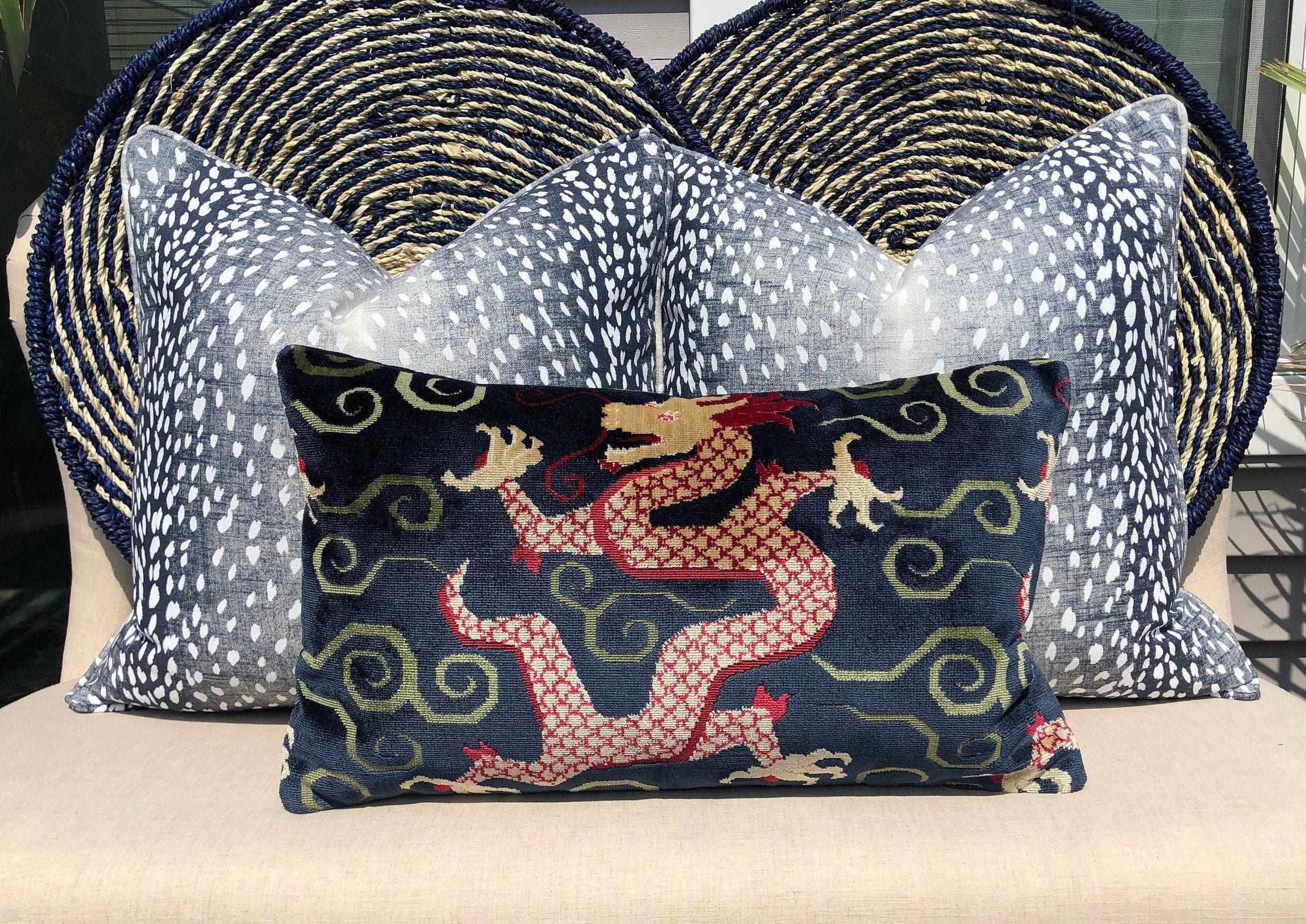 Schumacher Bixi Velvet Lumbar Pillow in Navy Blue. Dragon Velvet Pillow, Red Navy Chinoiserie Cushion, Asian Pillow Cover, Luxurious Pillow