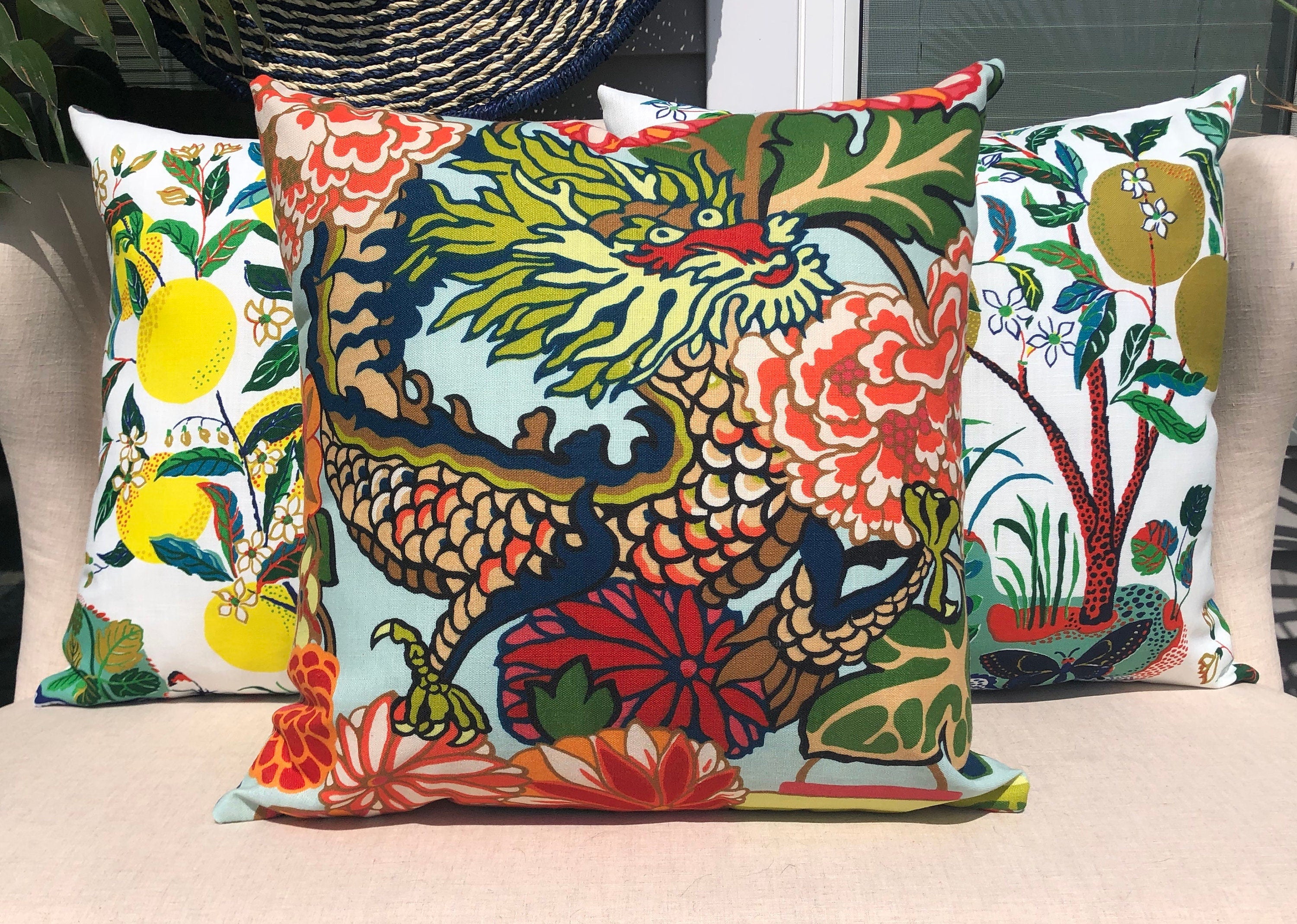 Outdoor Chaing Mai Dragon Pillow in Aquamarine. Chinoiserie Pillow, Cushion Cover in Aqua Blue, Dragon Pillows, Designer Accent Pillow Case