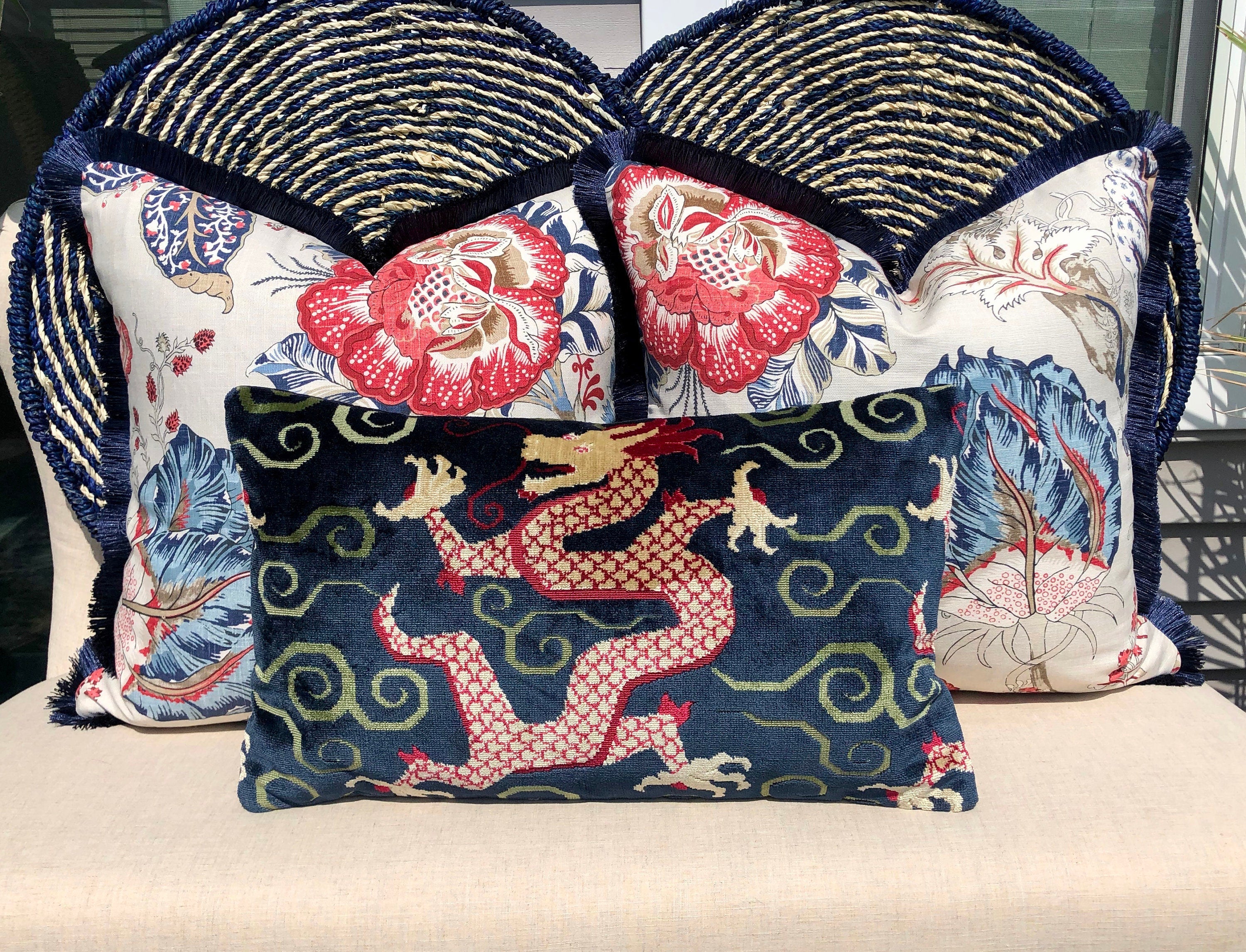 Schumacher Bixi Velvet Lumbar Pillow in Navy Blue. Dragon Velvet Pillow, Red Navy Chinoiserie Cushion, Asian Pillow Cover, Luxurious Pillow