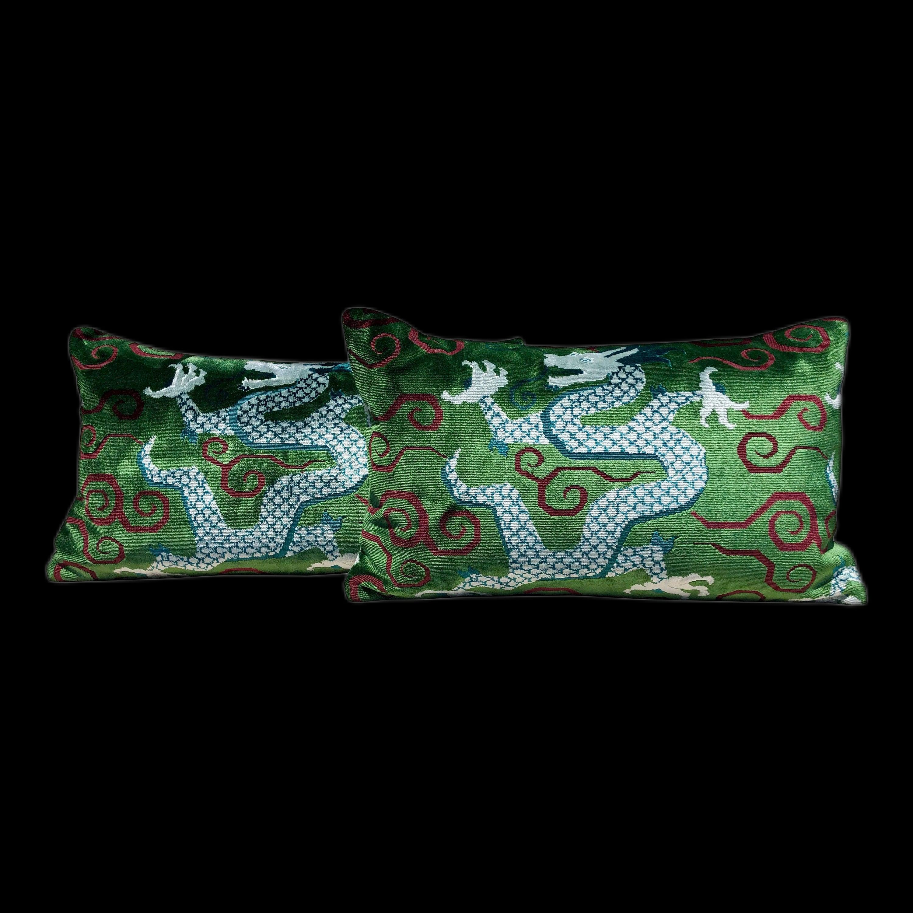 Schumacher Bixi Velvet Lumbar Pillow in Emerald Green. Dragon Velvet Pillow designer pillow cover high end cushion cover chinoiserie pillow