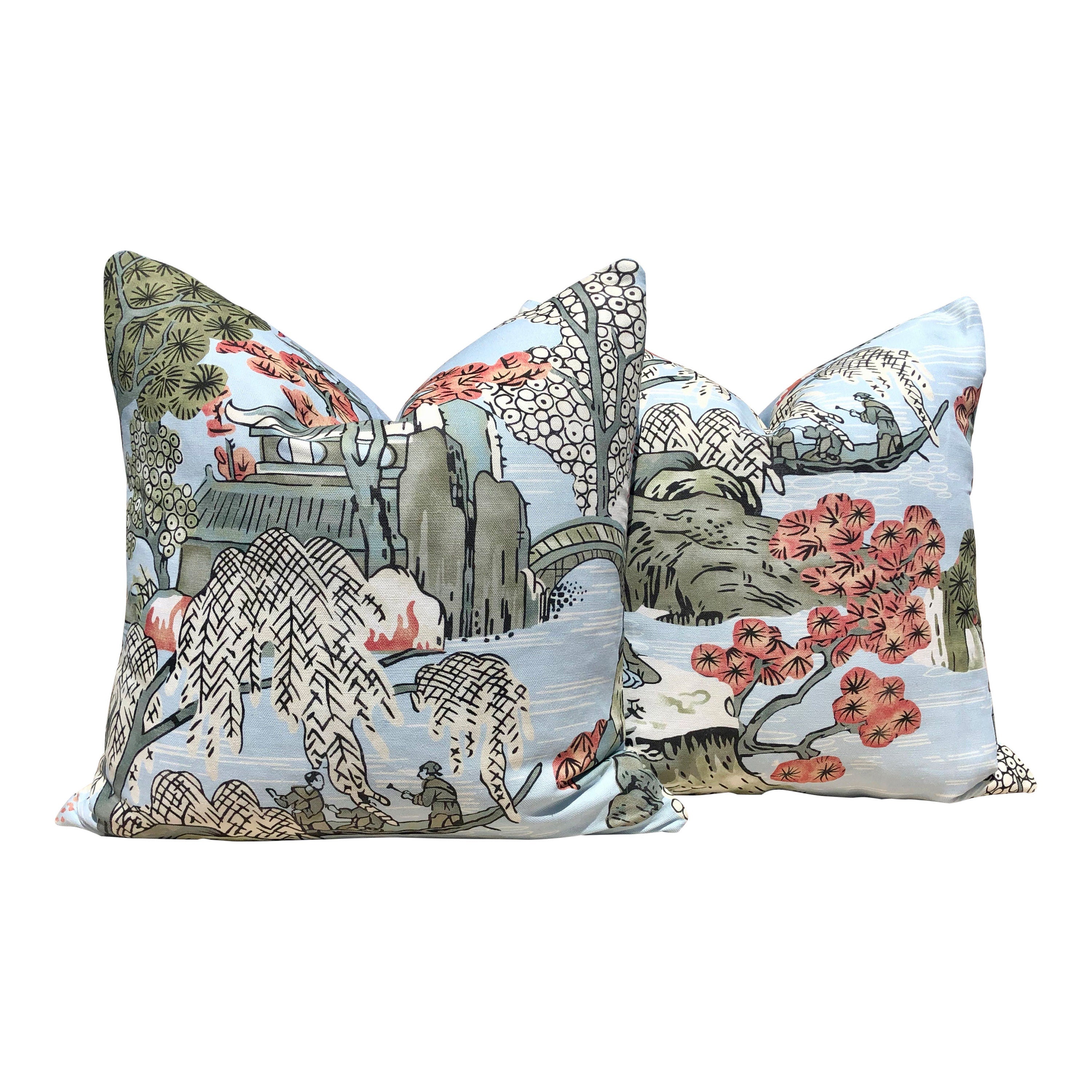 Asian Scenic Pillow In Robin Egg. Chinoiserie Lumbar Pillow, Chinoiserie Pagoda Euro Sham Cushion Case in Burnt Orange Green Blue