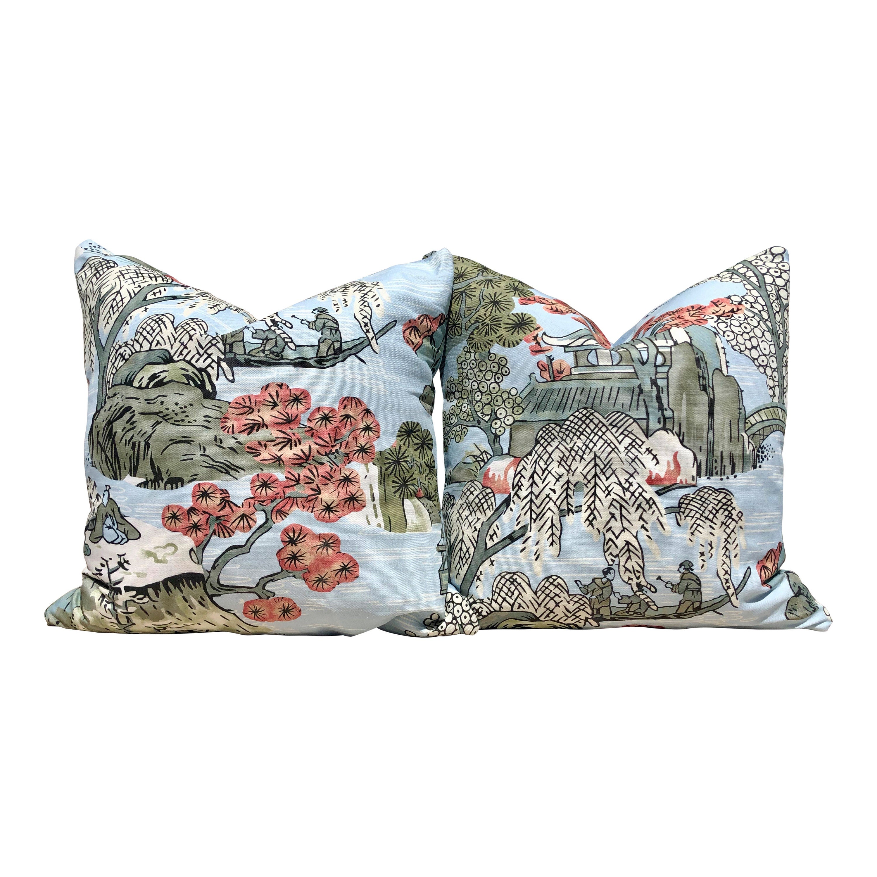Asian Scenic Pillow In Robin Egg. Chinoiserie Lumbar Pillow, Chinoiserie Pagoda Euro Sham Cushion Case in Burnt Orange Green Blue