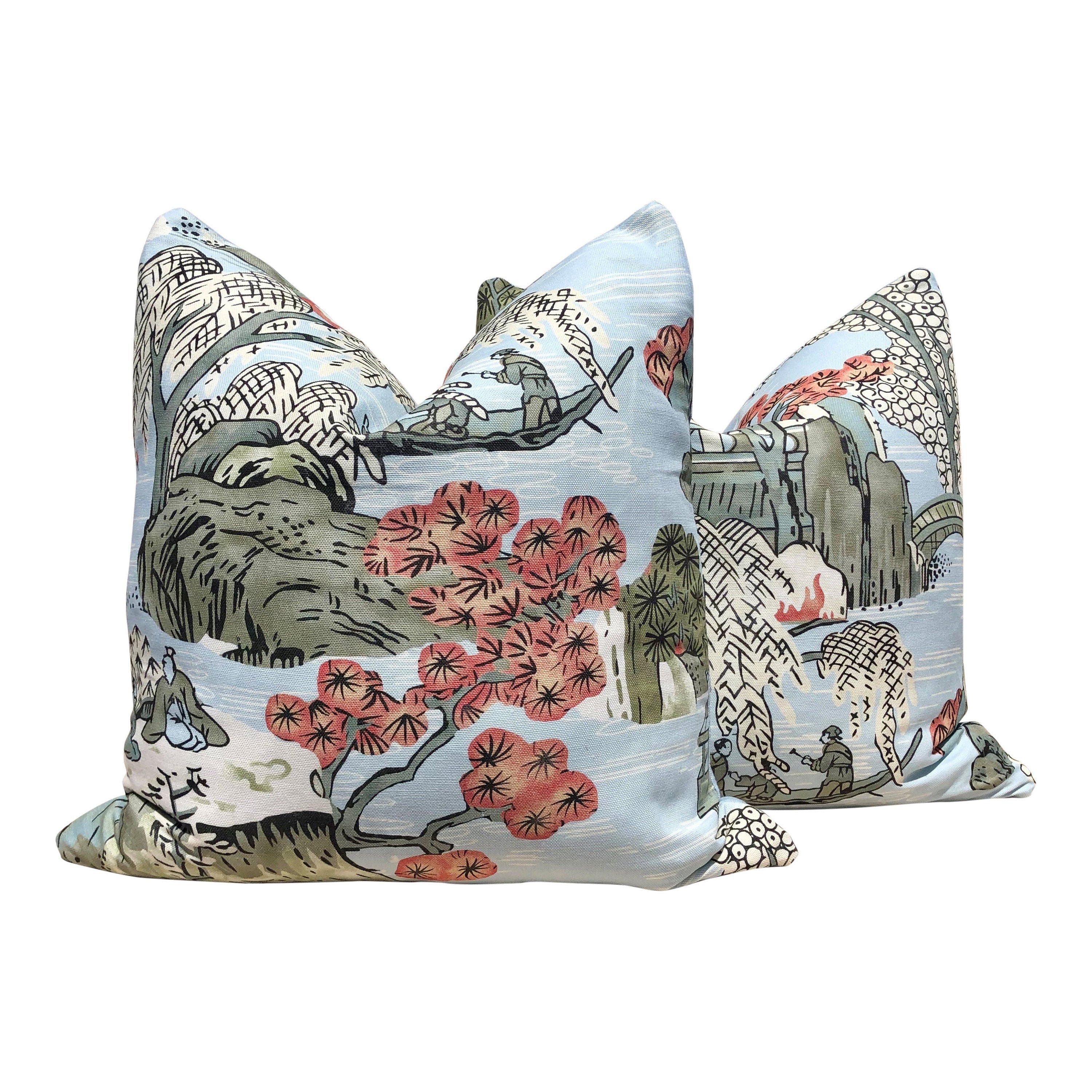 Asian Scenic Pillow In Robin Egg. Chinoiserie Lumbar Pillow, Chinoiserie Pagoda Euro Sham Cushion Case in Burnt Orange Green Blue