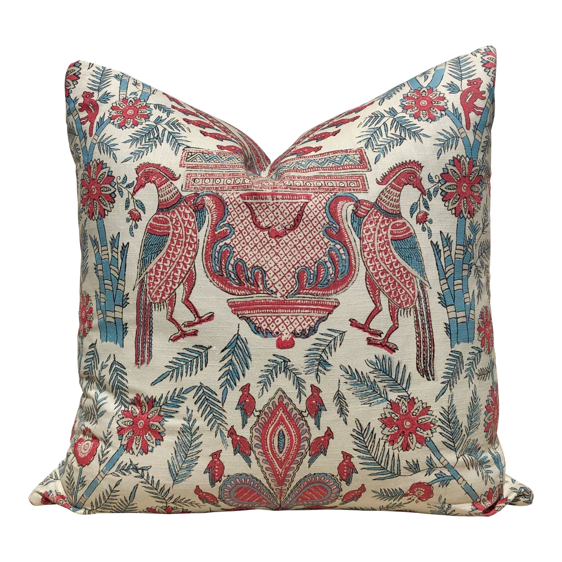 Thibaut Palampore Pillow in Red and Blue. Palm Leaf Pillow Cover, Medallion Cushion, Chinoiserie Accent Pillow, Bedding Pillow Decor