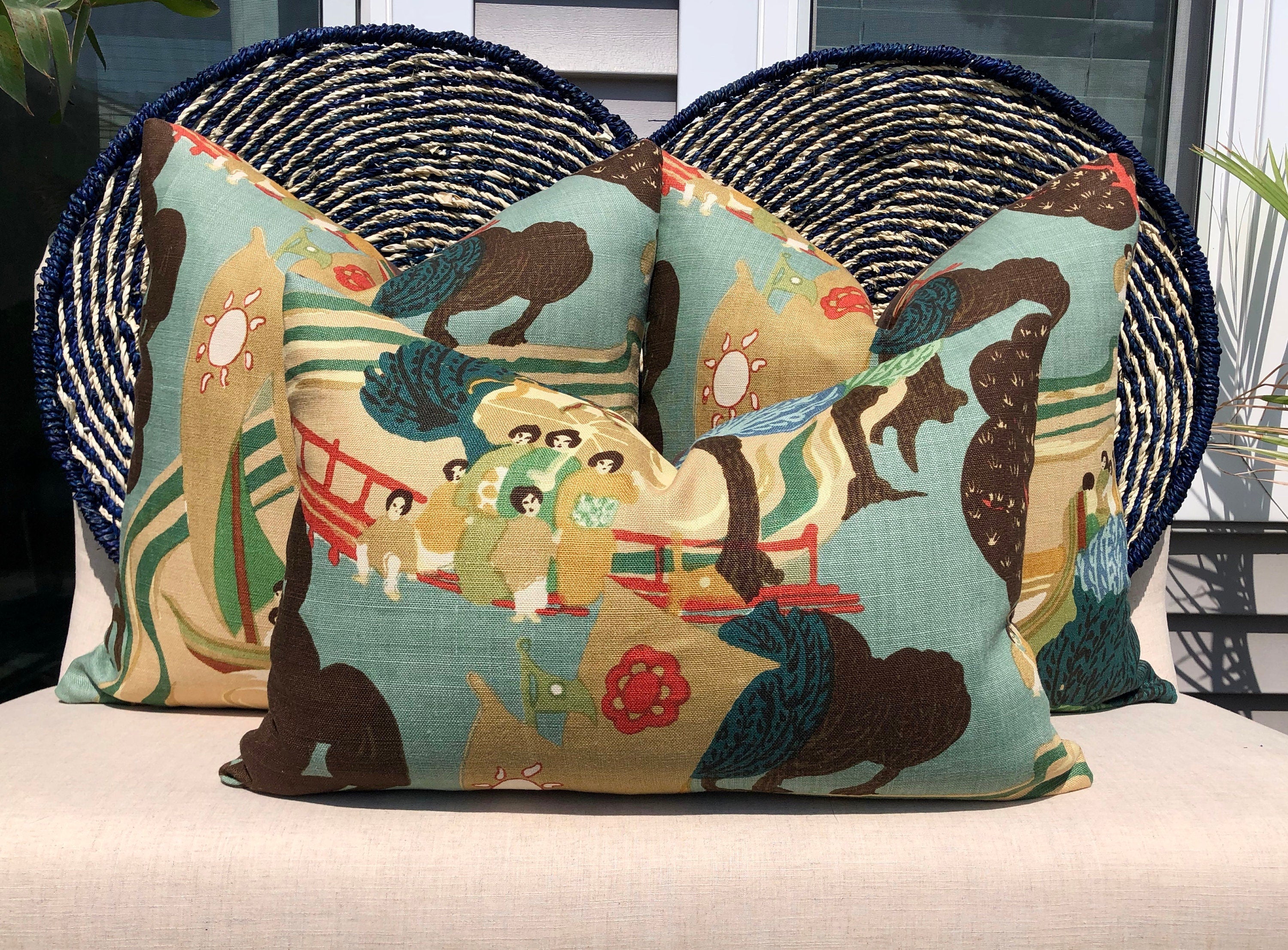 Schumacher Pearl River Linen Pillow in Jade. Designer Tan Aqua Pillow // Lumbar Linen Pillow // Chinoiserie Pillow Cover //