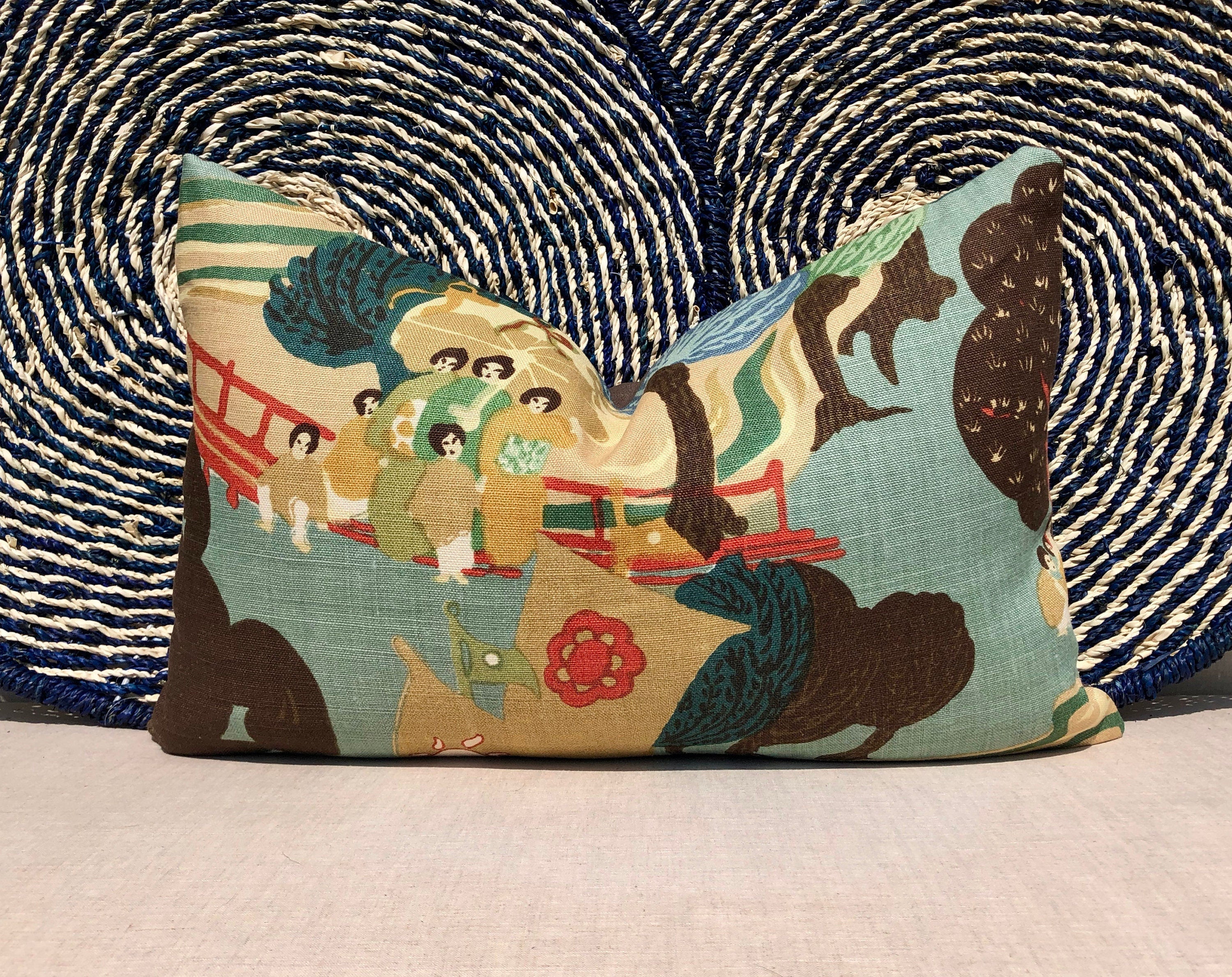 Schumacher Pearl River Linen Pillow in Jade. Designer Tan Aqua Pillow // Lumbar Linen Pillow // Chinoiserie Pillow Cover //