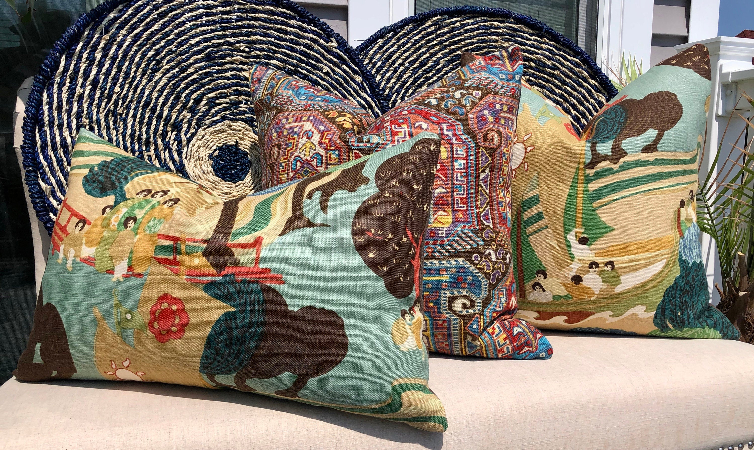 Schumacher Pearl River Linen Pillow in Jade. Designer Tan Aqua Pillow // Lumbar Linen Pillow // Chinoiserie Pillow Cover //