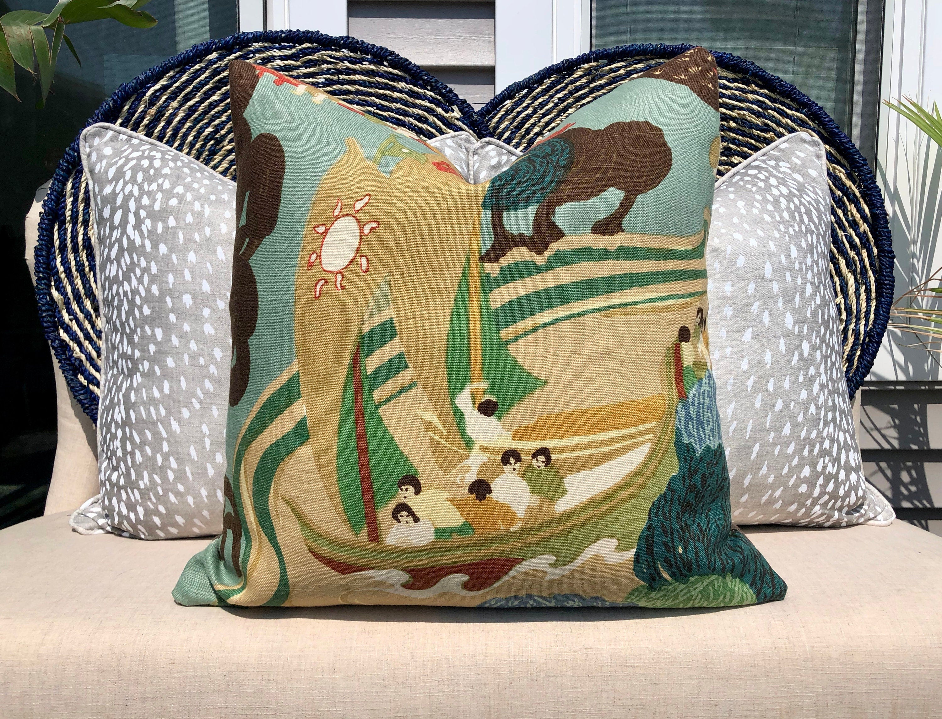 Schumacher Pearl River Linen Pillow in Jade. Designer Tan Aqua Pillow // Lumbar Linen Pillow // Chinoiserie Pillow Cover //