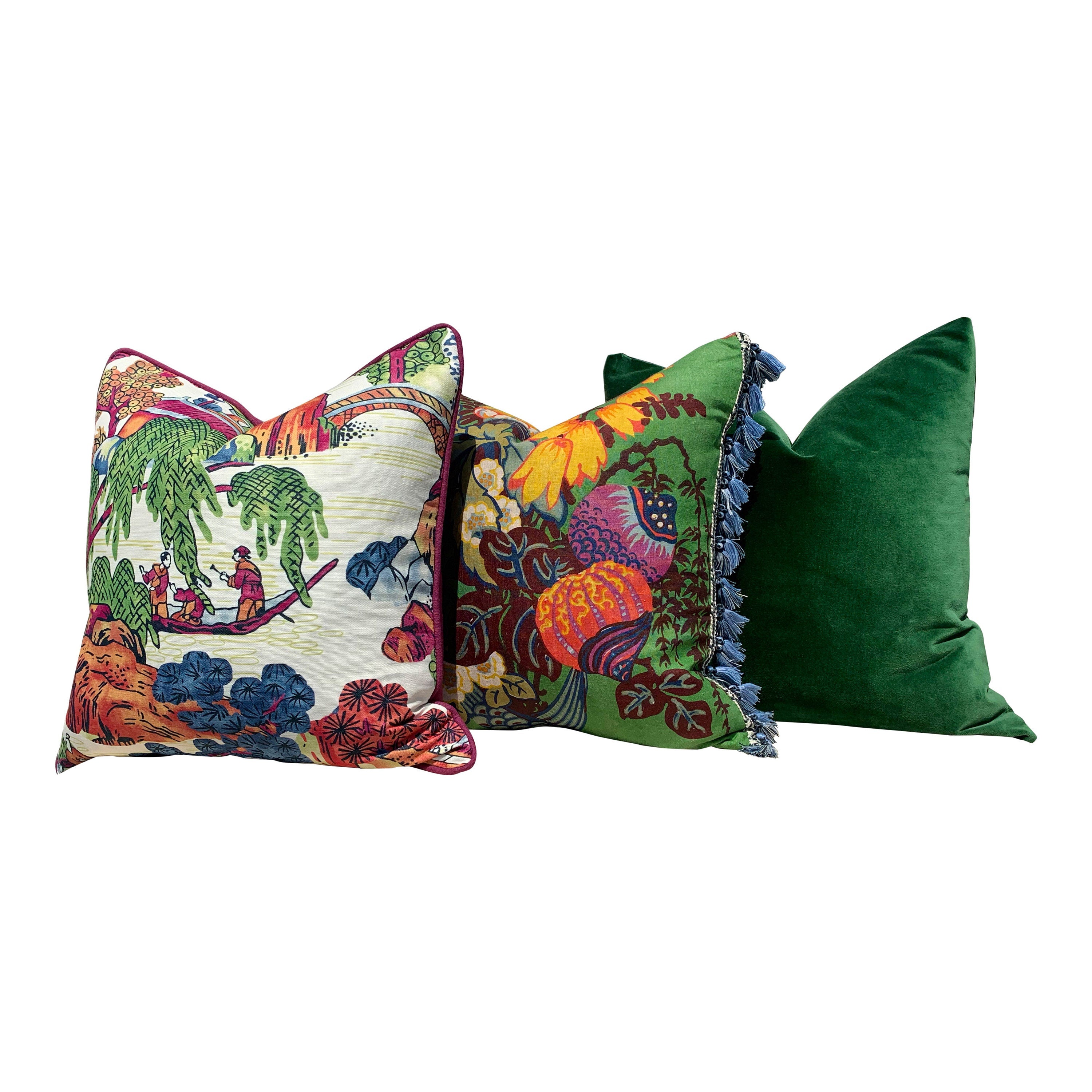 Asian Scenic Pillow Burnt Orange. Chinoiserie Pillow, Asian Lumbar Pillow, Pagoda Pillow in Berry and Green, Tea House Orange Green Pillow