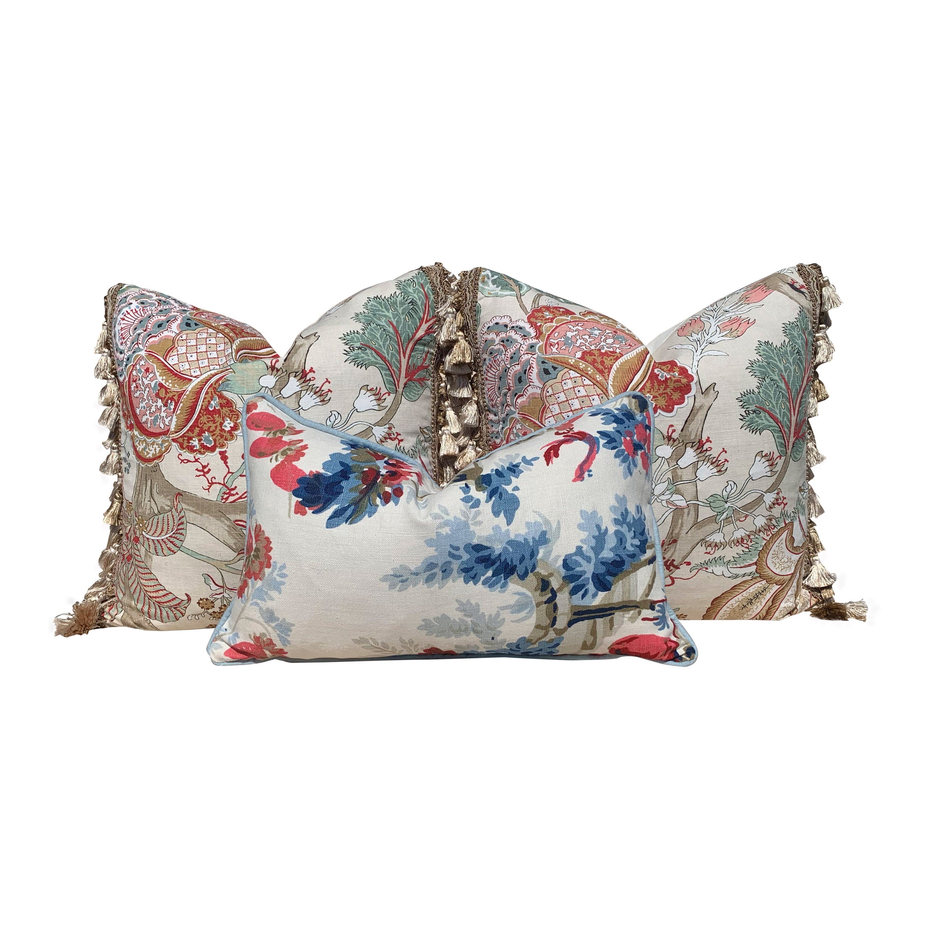 Thibaut Kalamkari Pillow Embelished with Sand Tassel Fringe. Decorative Cushion Cover with Tassel Trim, Red Aqua Green Tan Pillow Case